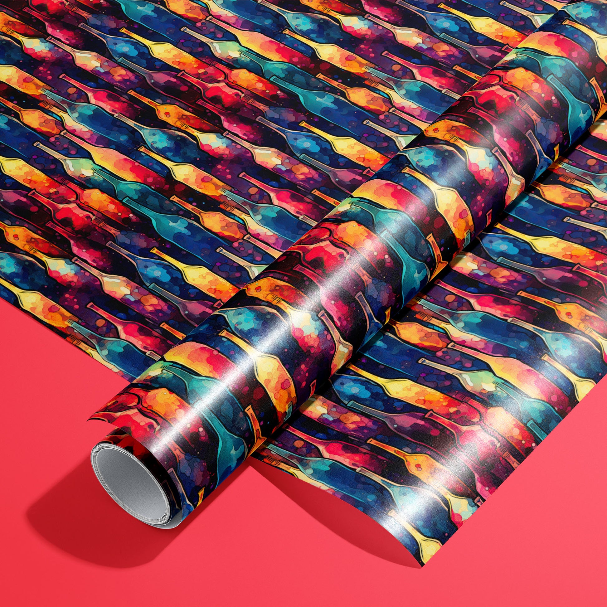 A roll on an unrolled sheet of Vibrant Ink Bottles wrapping paper featuring watercolor wine bottles in jewel tones on deep navy, set on a bright red background.