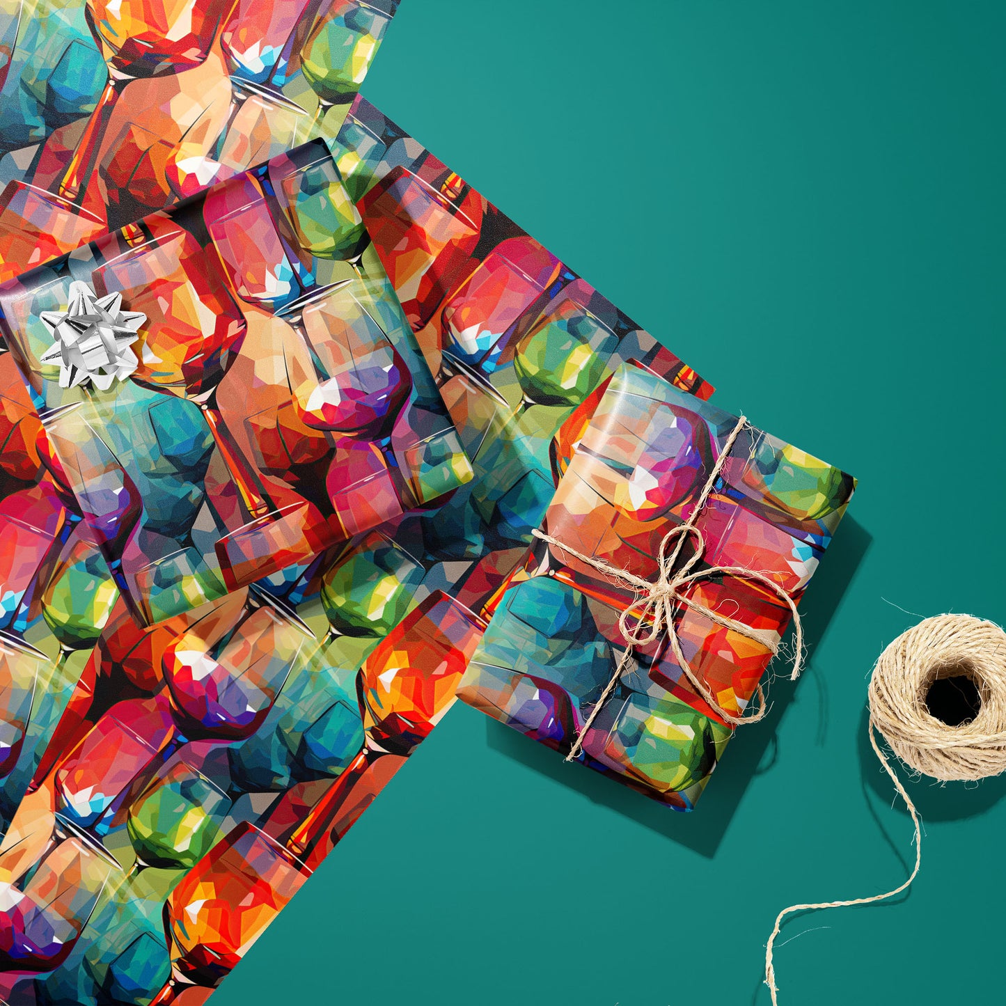 Two Artistic Ales gifts—one with a silver bow and one tied with twine—rest on two unused sheets beside a twine spool on a teal surface, showing beers with hops and barley.