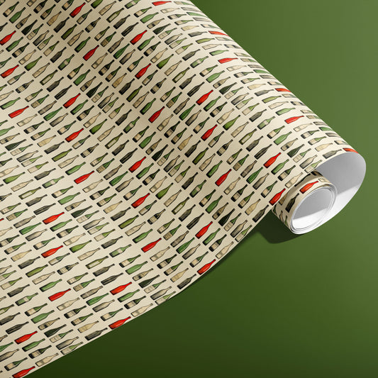 A partially unfurled roll of Classic Vino wrapping paper showing rows of hand-drawn wine bottles on a cream ground against an olive green background.