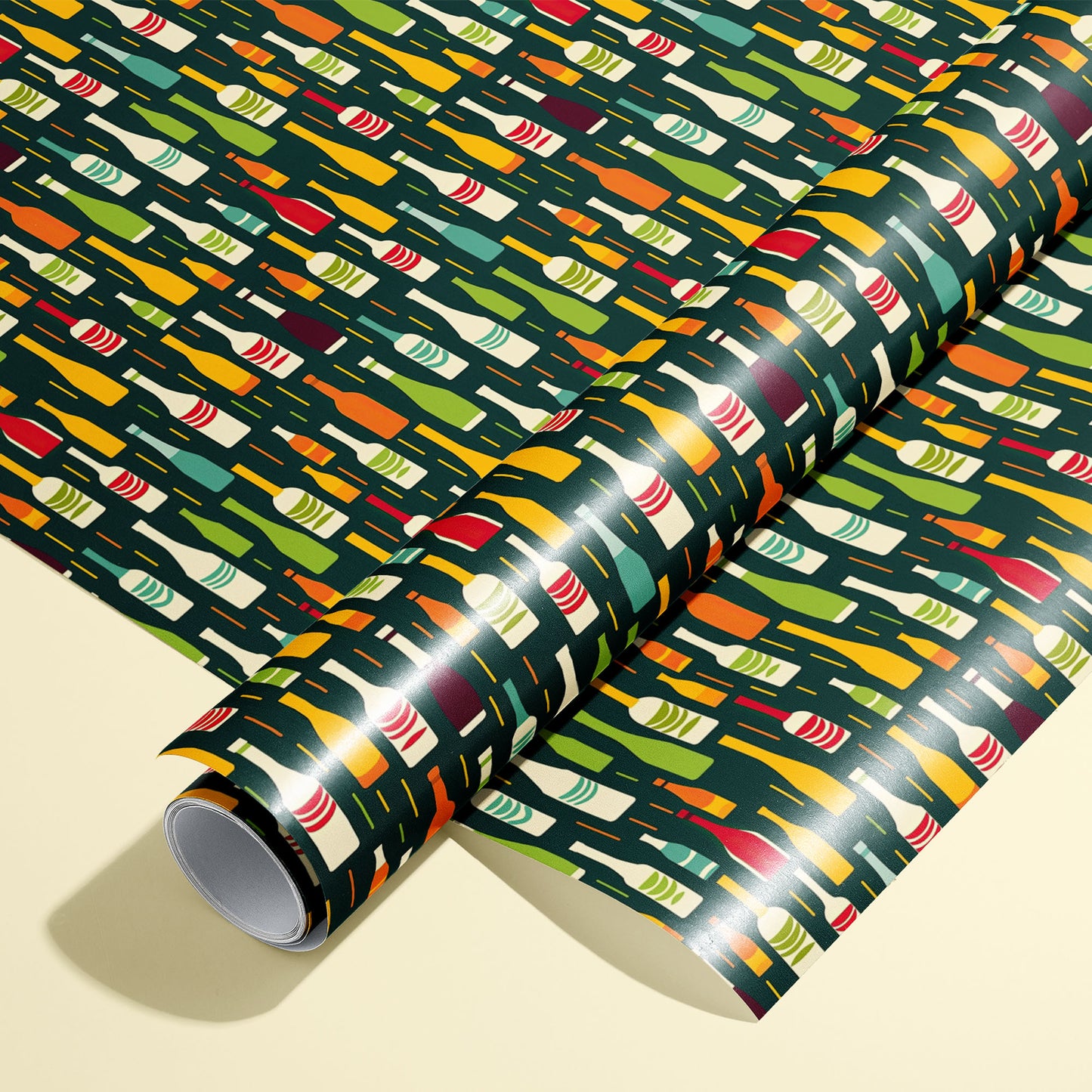 A roll of Wine Bottle Silhouettes rests on a matching unrolled sheet, featuring multicolor bottle icons on deep green, on a cream background.