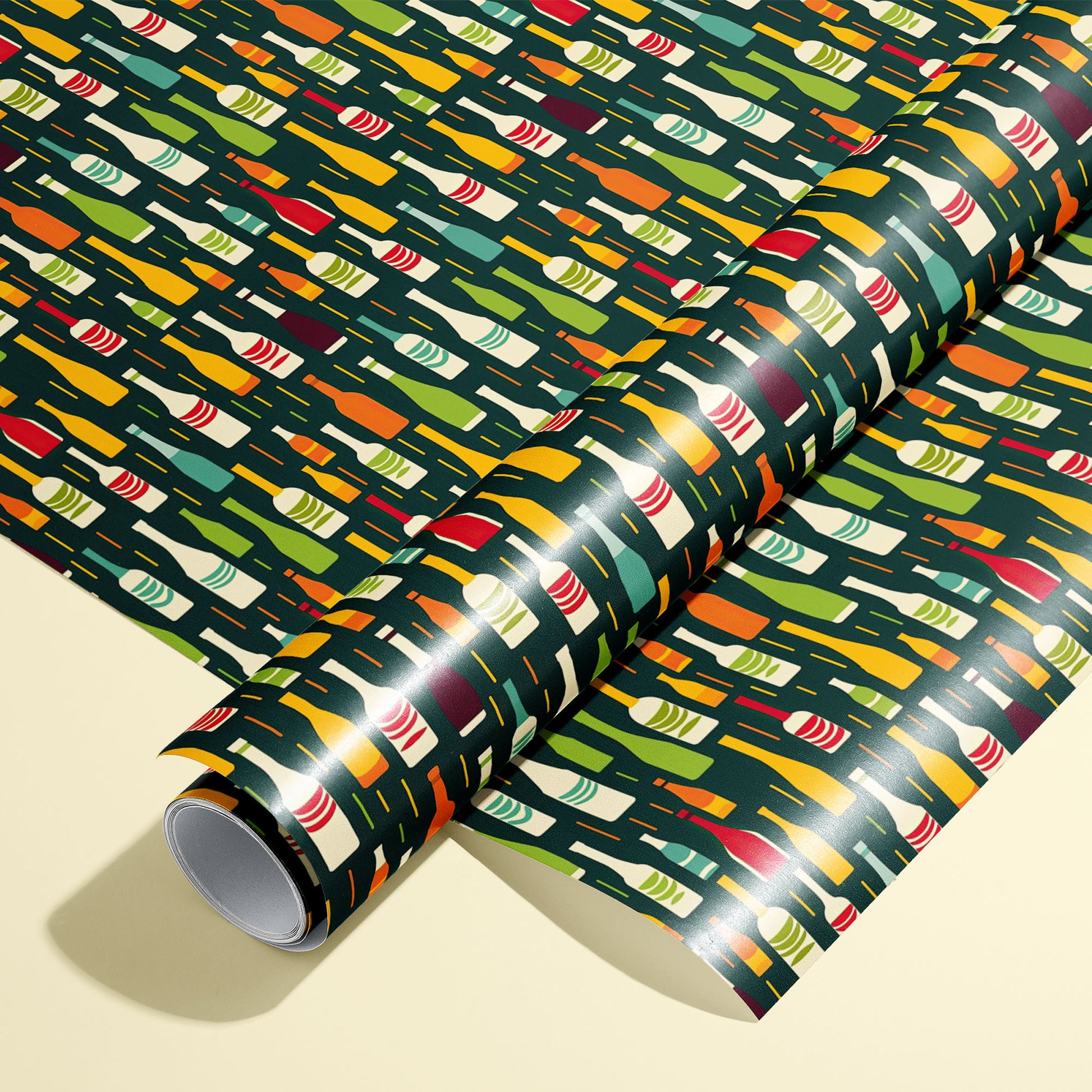 A roll of Wine Bottle Silhouettes rests on a matching unrolled sheet, featuring multicolor bottle icons on deep green, on a cream background.