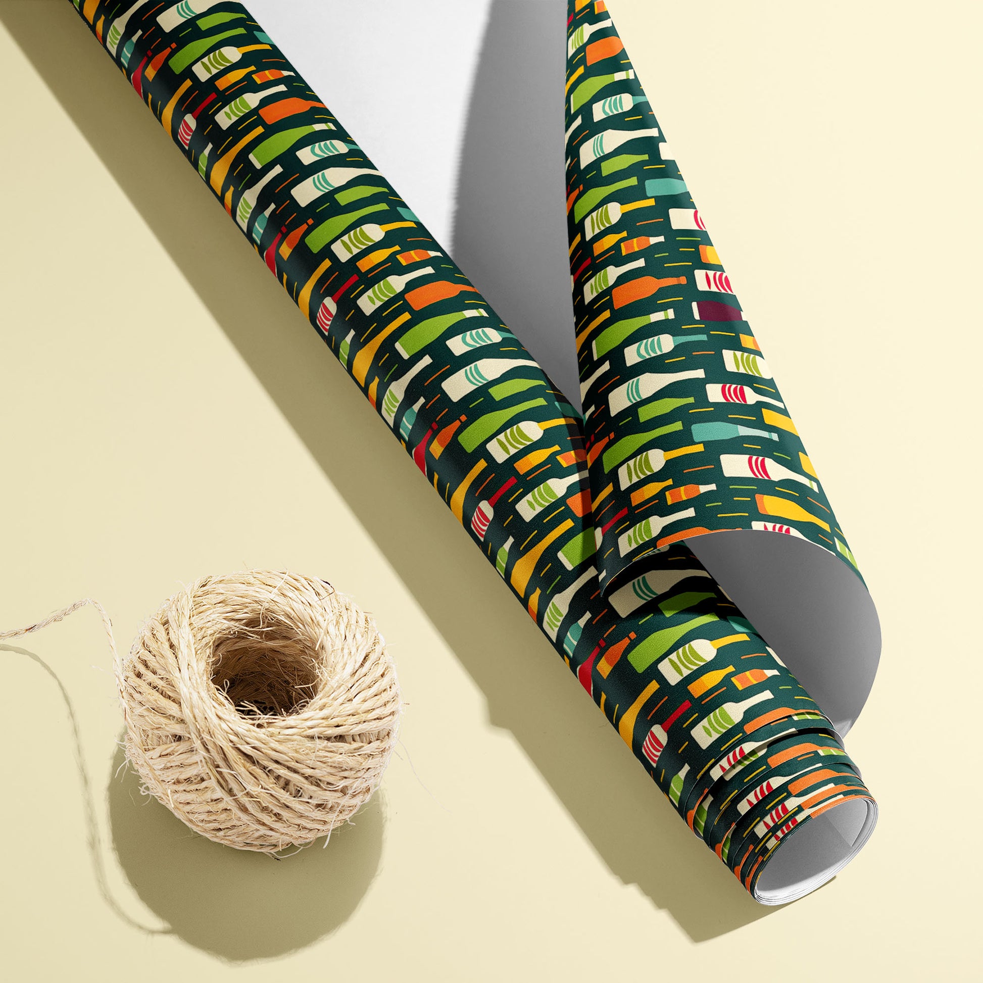 A partially unfurled roll of Wine Bottle Silhouettes with the white underside visible sits beside natural twine on a cream surface, revealing colorful bottle motifs on deep green.