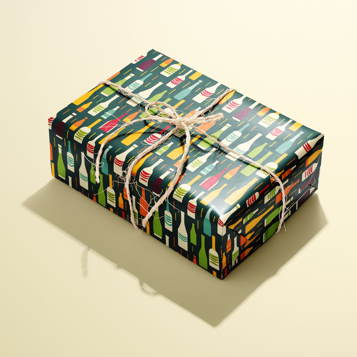A single gift wrapped in Wine Bottle Silhouettes and tied with natural twine displays colorful bottle silhouettes on deep green against a cream background.