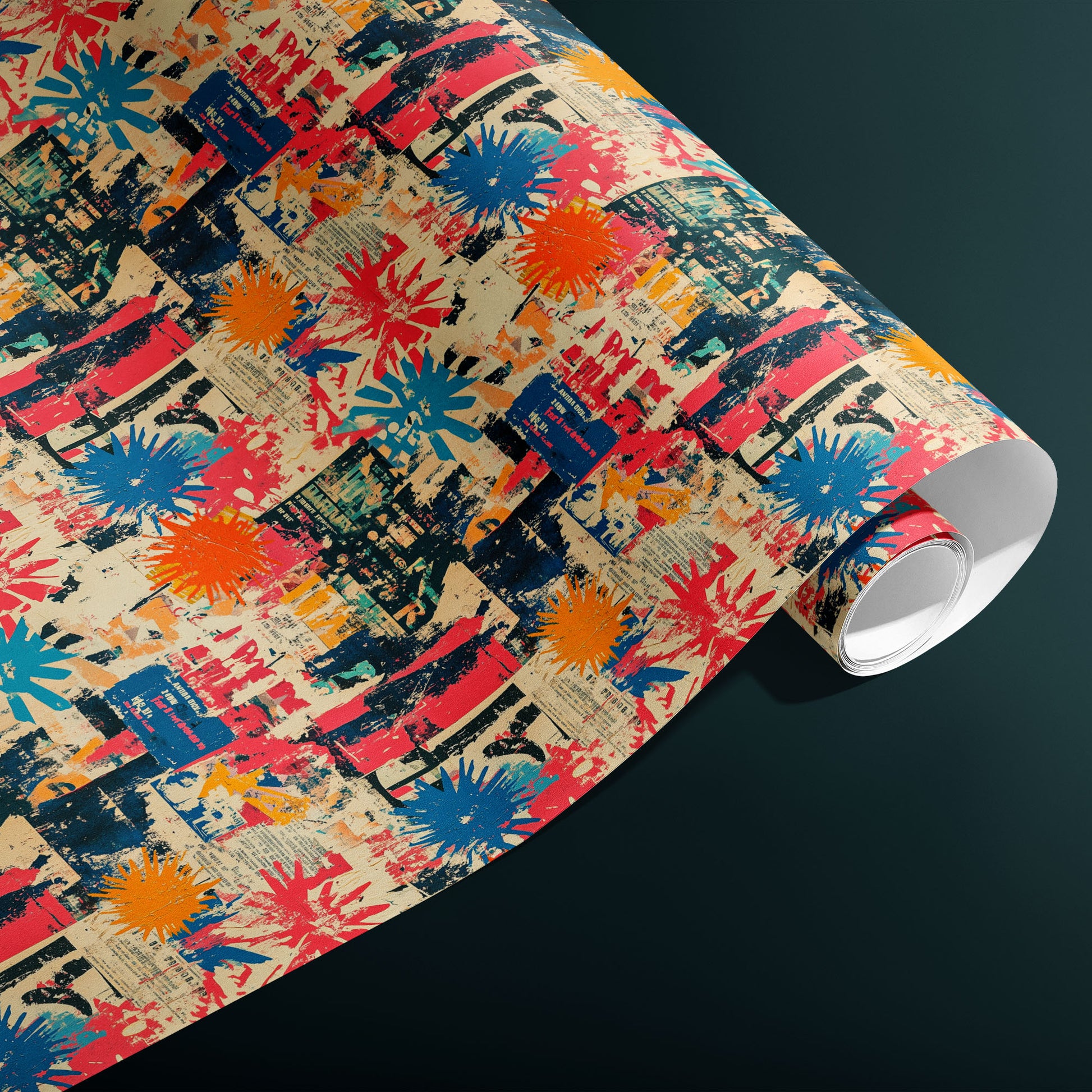 A partially unfurled roll of Grunge Nouveau wrapping paper showing weathered Art Nouveau scrolls and florals in antique gold on black, resting on a dark charcoal surface.