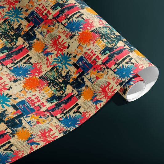 A partially unfurled roll of Grunge Nouveau wrapping paper showing weathered Art Nouveau scrolls and florals in antique gold on black, resting on a dark charcoal surface.