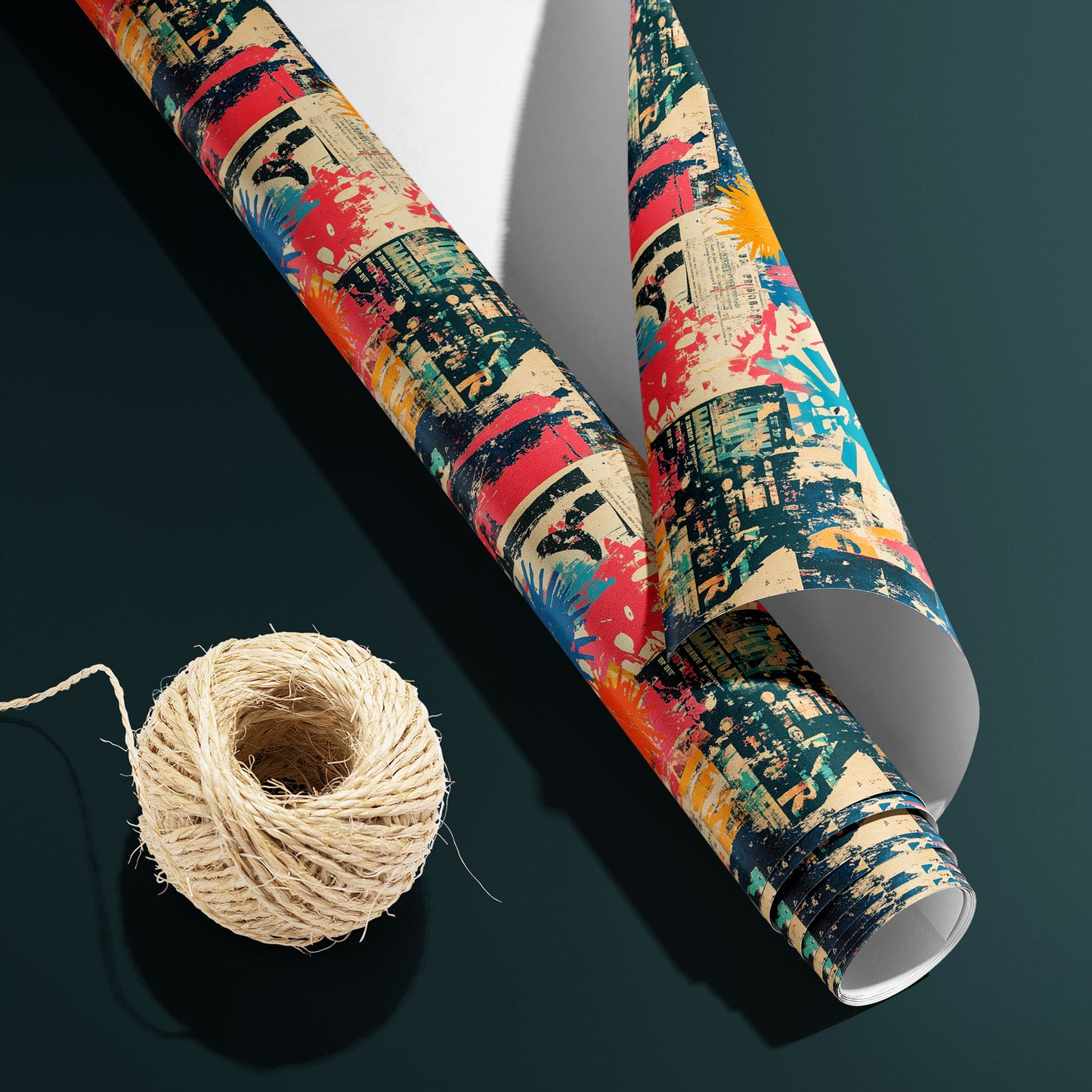 A partially unfurled roll of Grunge Nouveau with its white underside visible beside a spool of natural twine, the antique gold filigree on black over a dark charcoal surface.