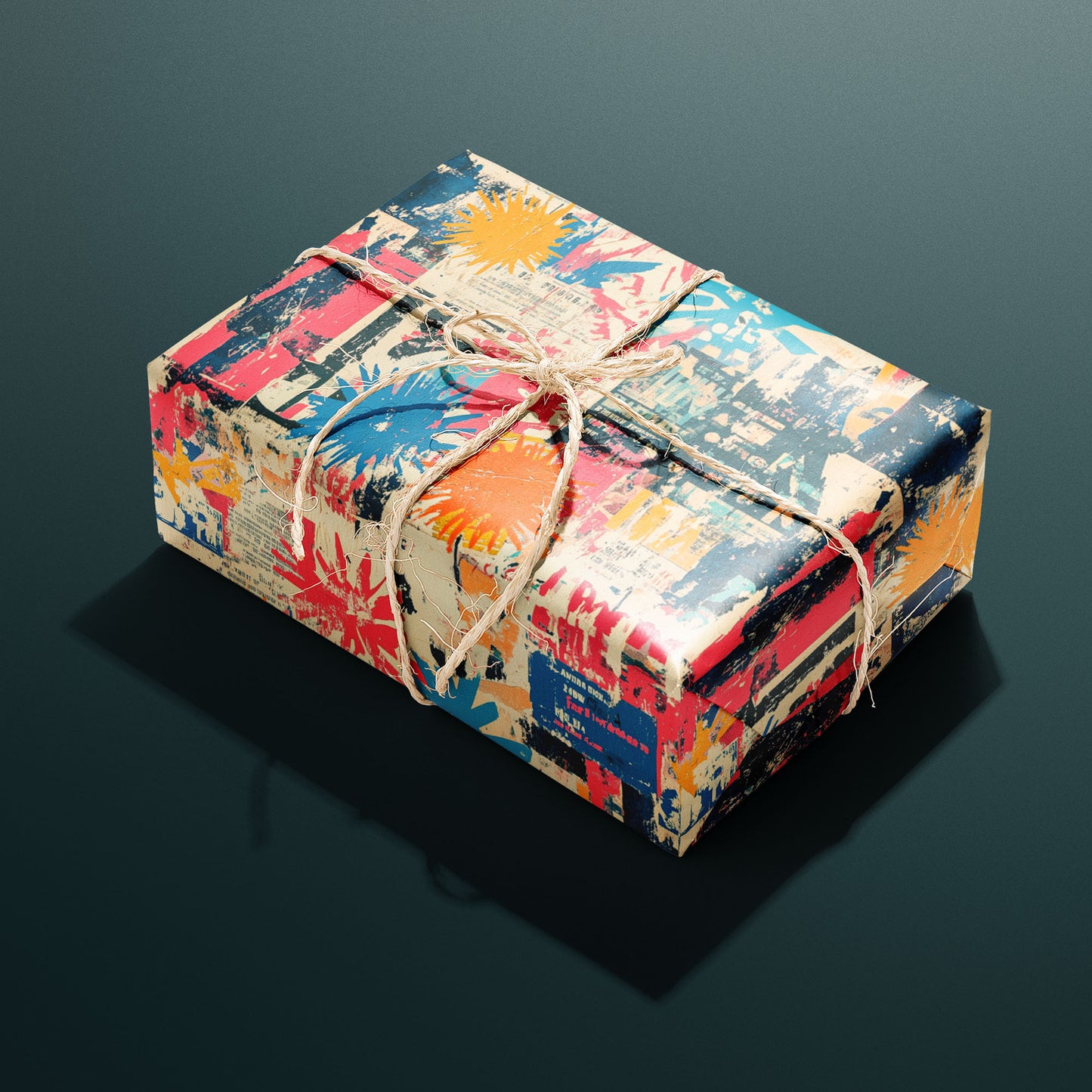 A single gift wrapped in Grunge Nouveau and tied with natural twine, displaying distressed Art Nouveau florals and filigree in antique gold on black, set on a dark charcoal surface.