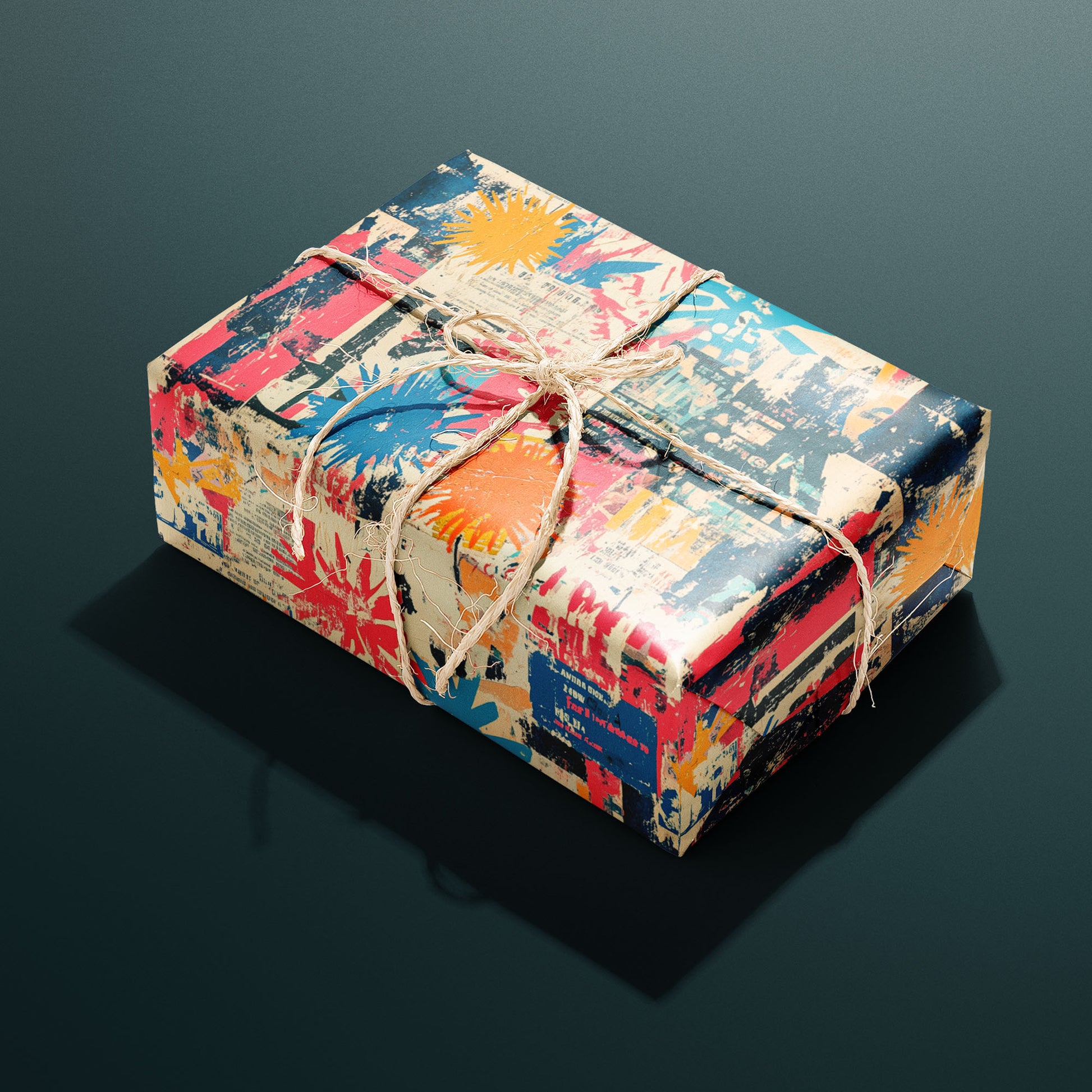 A single gift wrapped in Grunge Nouveau and tied with natural twine, displaying distressed Art Nouveau florals and filigree in antique gold on black, set on a dark charcoal surface.