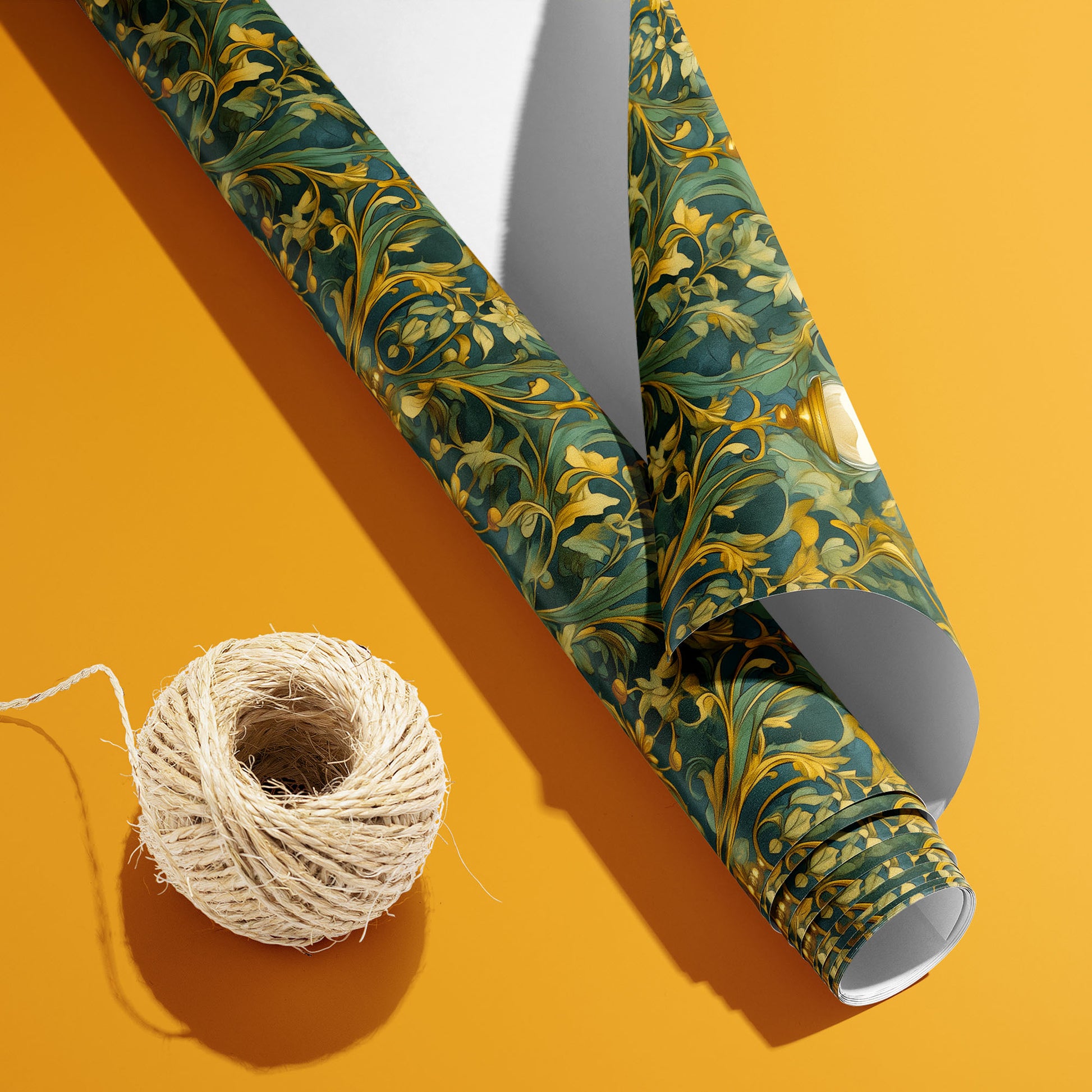 A partially unfurled Baroque Timekeeper roll with the white underside visible beside a spool of natural twine, featuring gold clocks and filigree on black on a rich goldeny surface.