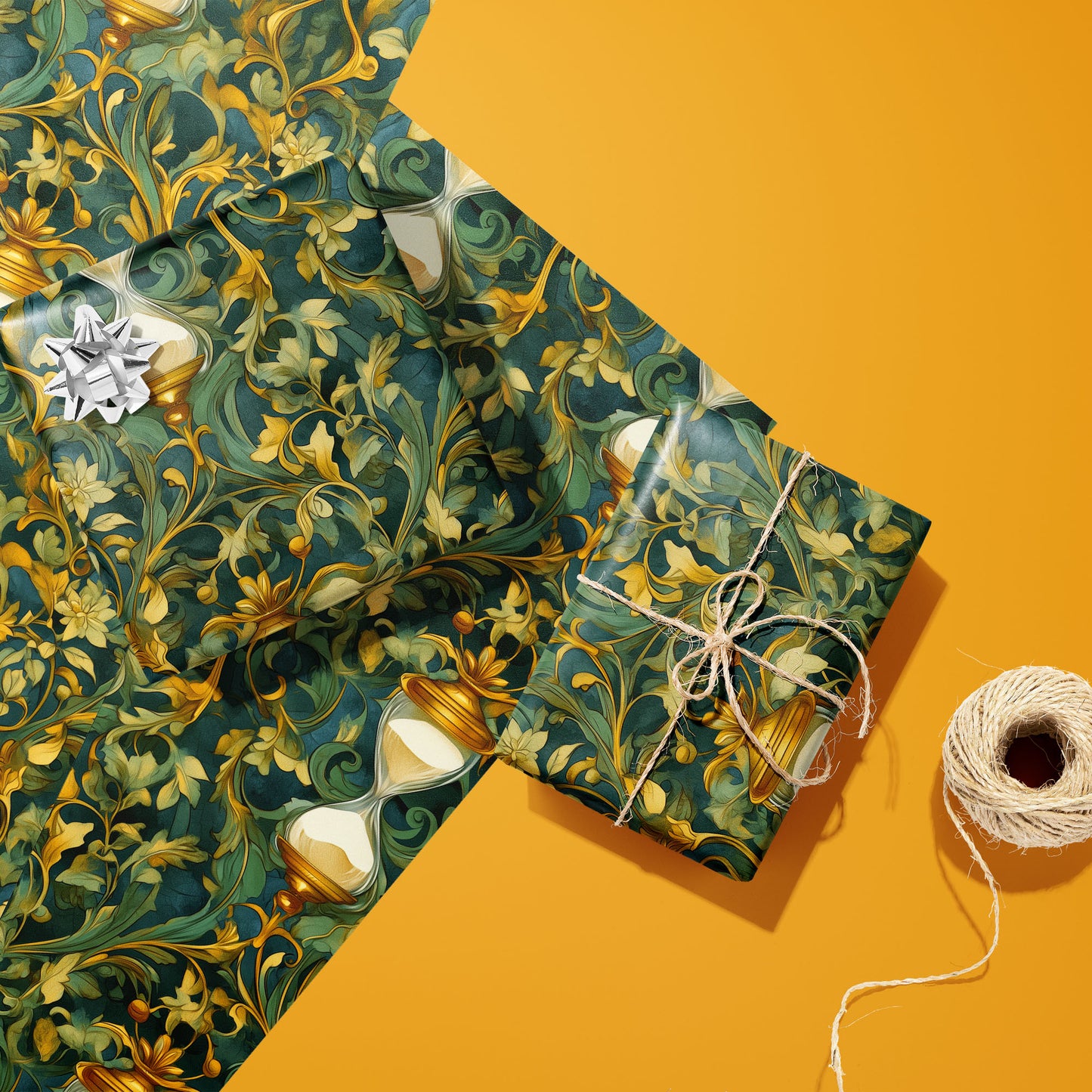 Two gifts in Baroque Timekeeper wrap—one with a silver bow and one tied with twine—rest on two unused sheets beside a spool of twine on a rich golden background.