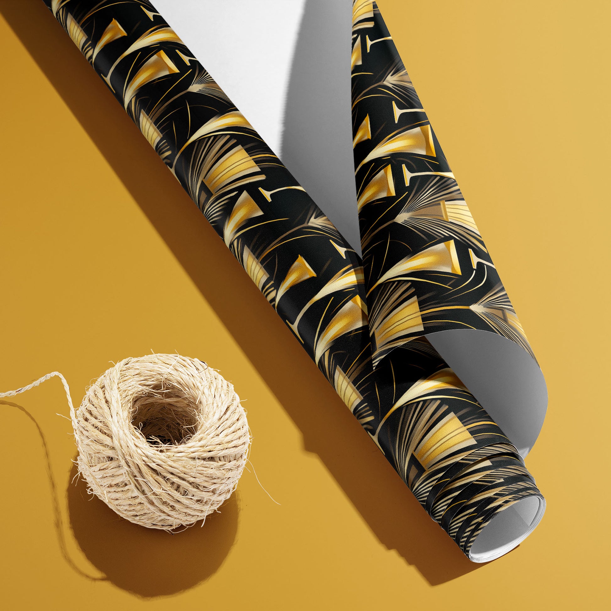 A partially unfurled roll of Flutes & Fans with its white underside visible beside a spool of natural twine, displaying gold fans and flutes on black over a gold background.