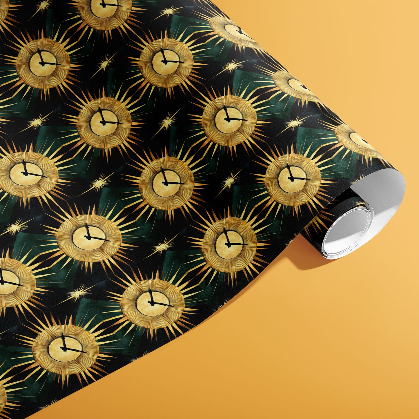 A partially unfurled roll of Sunburst Clocks wrapping paper showing gold-rayed clock motifs on a black field with green patterns on a warm ochre background.