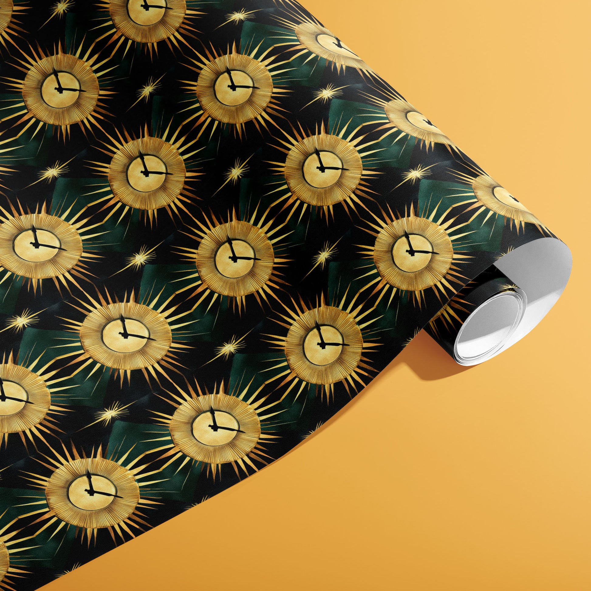 A partially unfurled roll of Sunburst Clocks wrapping paper showing gold-rayed clock motifs on a black field with green patterns on a warm ochre background.