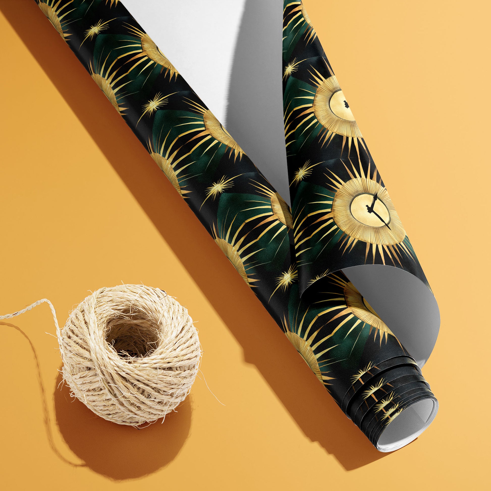A partially unfurled Sunburst Clocks roll with the white underside visible beside a spool of natural twine, featuring gold sunburst clocks on black with green patterns on an ochre surface.