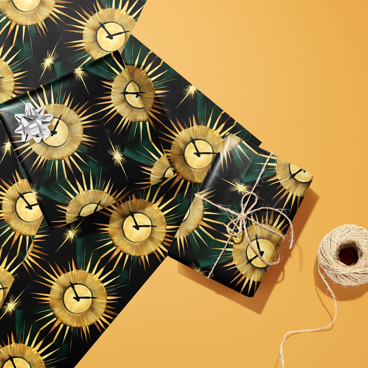 Two gifts in Sunburst Clocks wrap—one with a silver bow and one tied with twine—rest on two unused sheets beside a spool of twine on a warm ochre background.