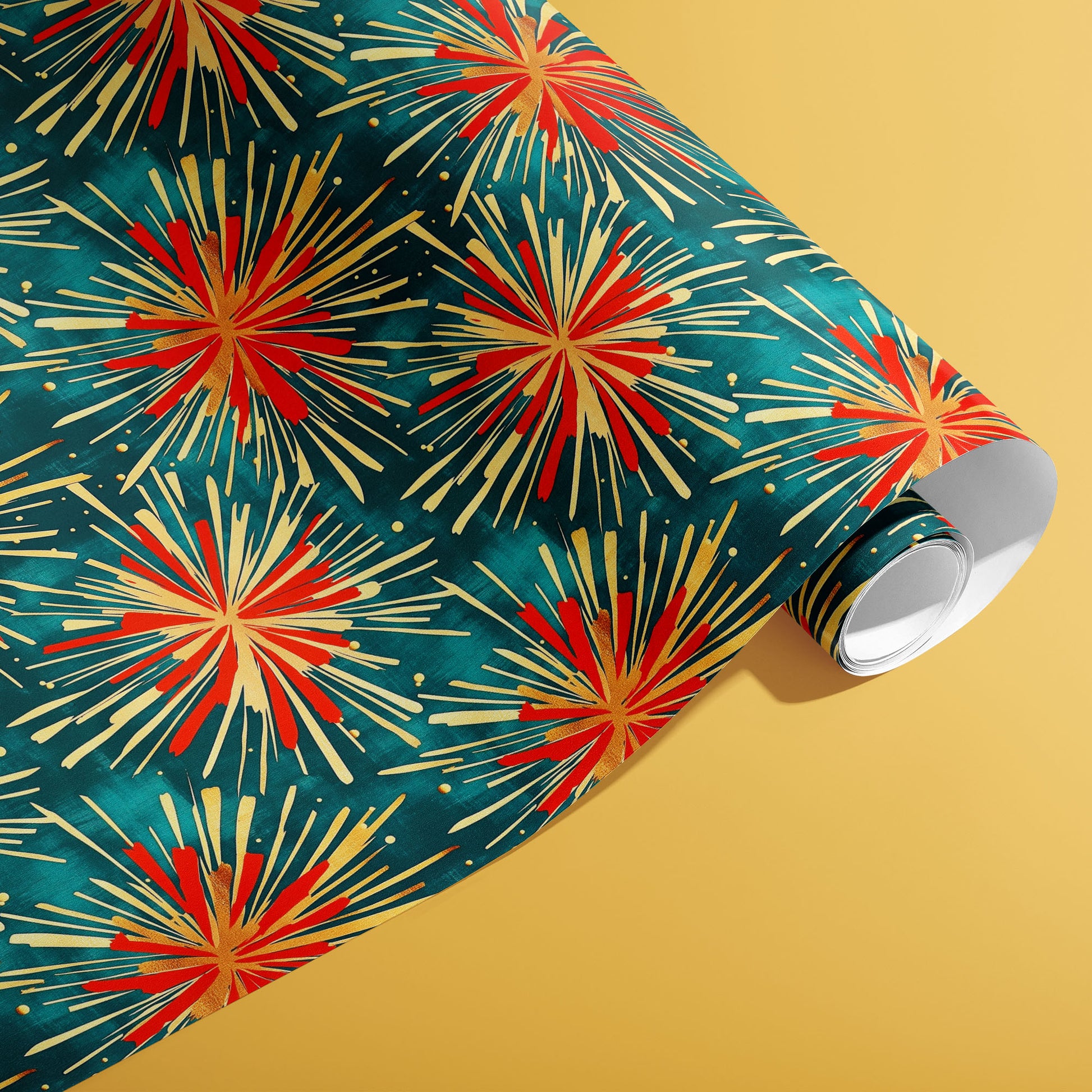 A partially unfurled roll of Celestial Celebration wrapping paper reveals red and gold firework starbursts across deep teal on a golden yellow background.