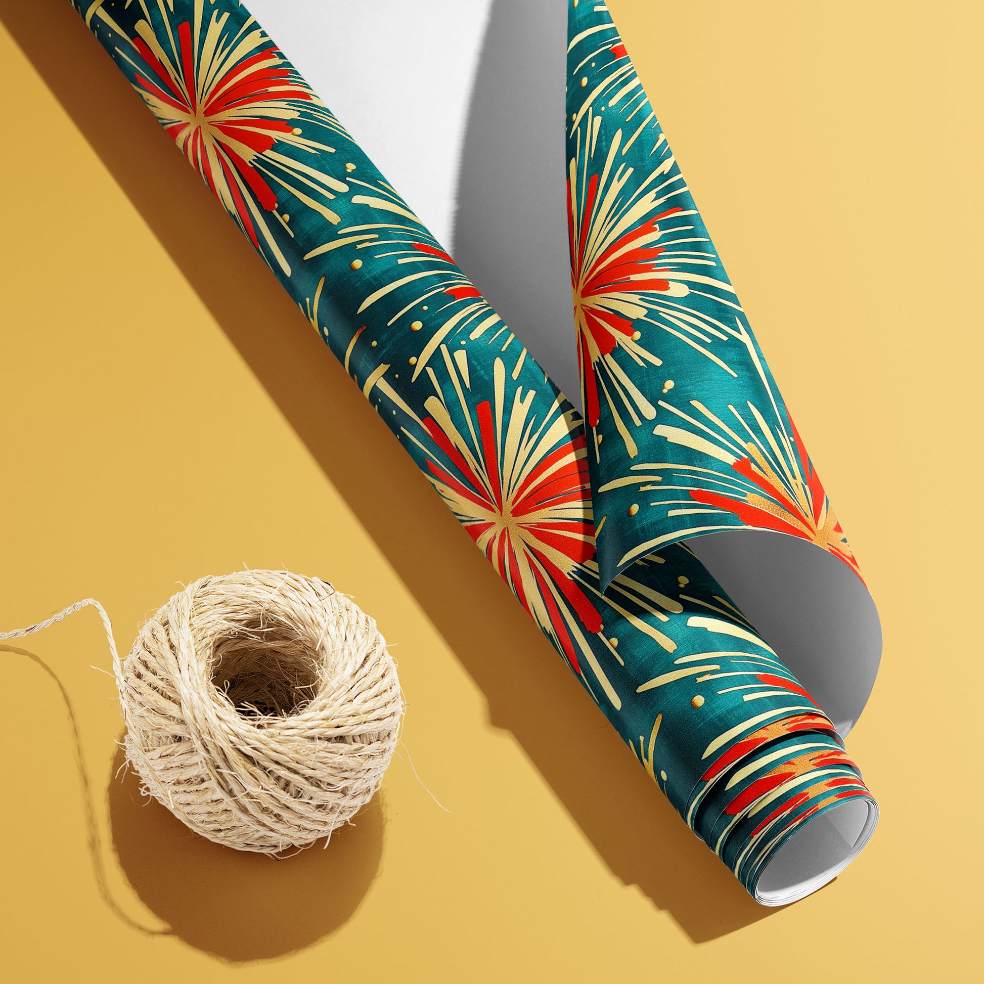 A partially unfurled Celestial Celebration roll with the white underside beside a spool of natural twine displays red and gold fireworks on deep teal over a golden yellow background.