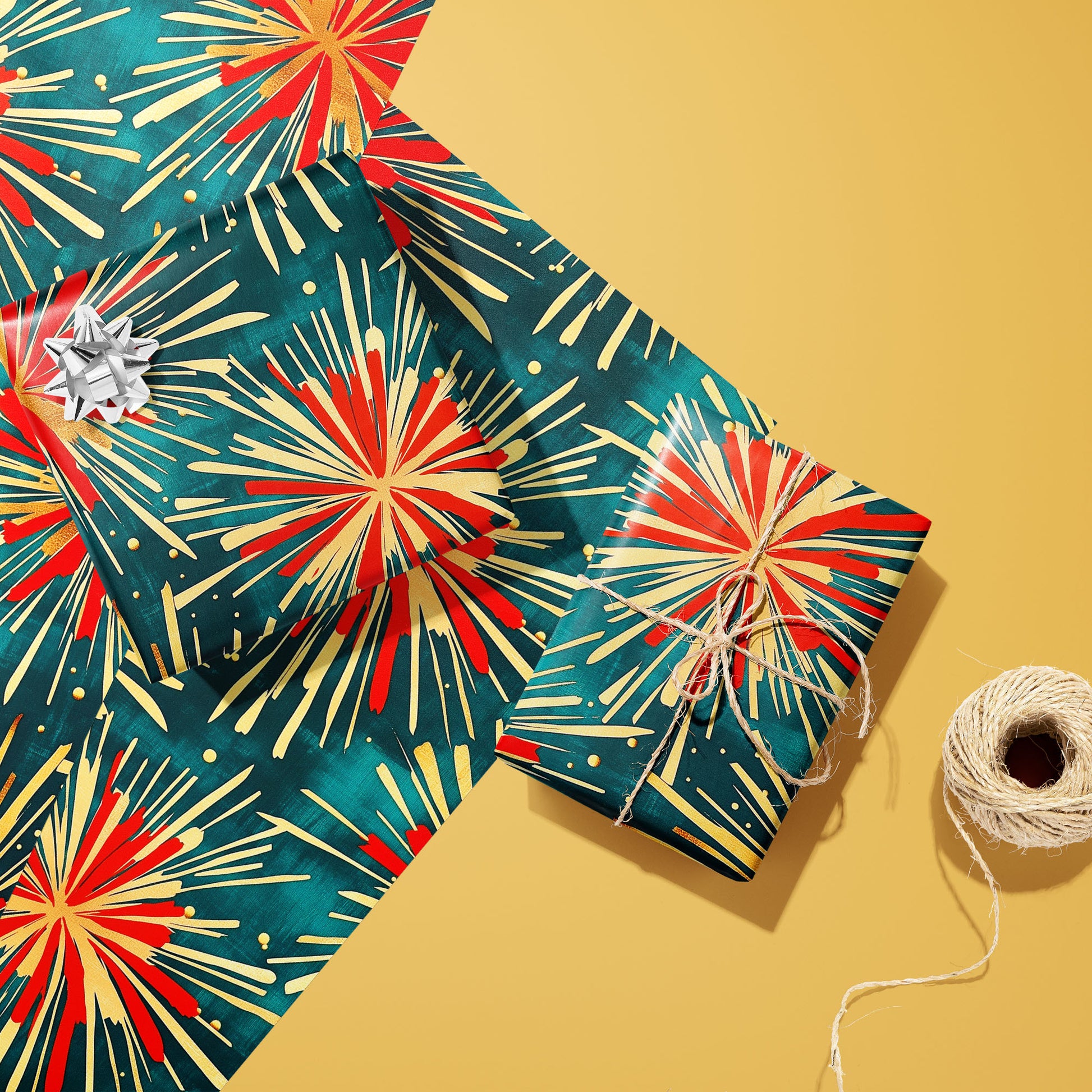 Two gifts in Celestial Celebration paper—one with a silver bow, one tied with twine—rest on unused sheets showing red and gold fireworks on deep teal beside twine on a golden yellow background.