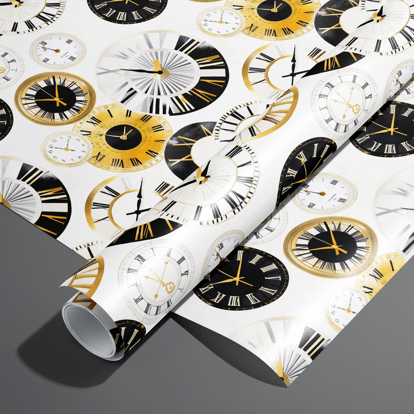 A roll of Luxe Time wrapping paper on an unrolled sheet, patterned with black, white, and gold clock faces with Roman numerals on white, set on a dark gray surface.