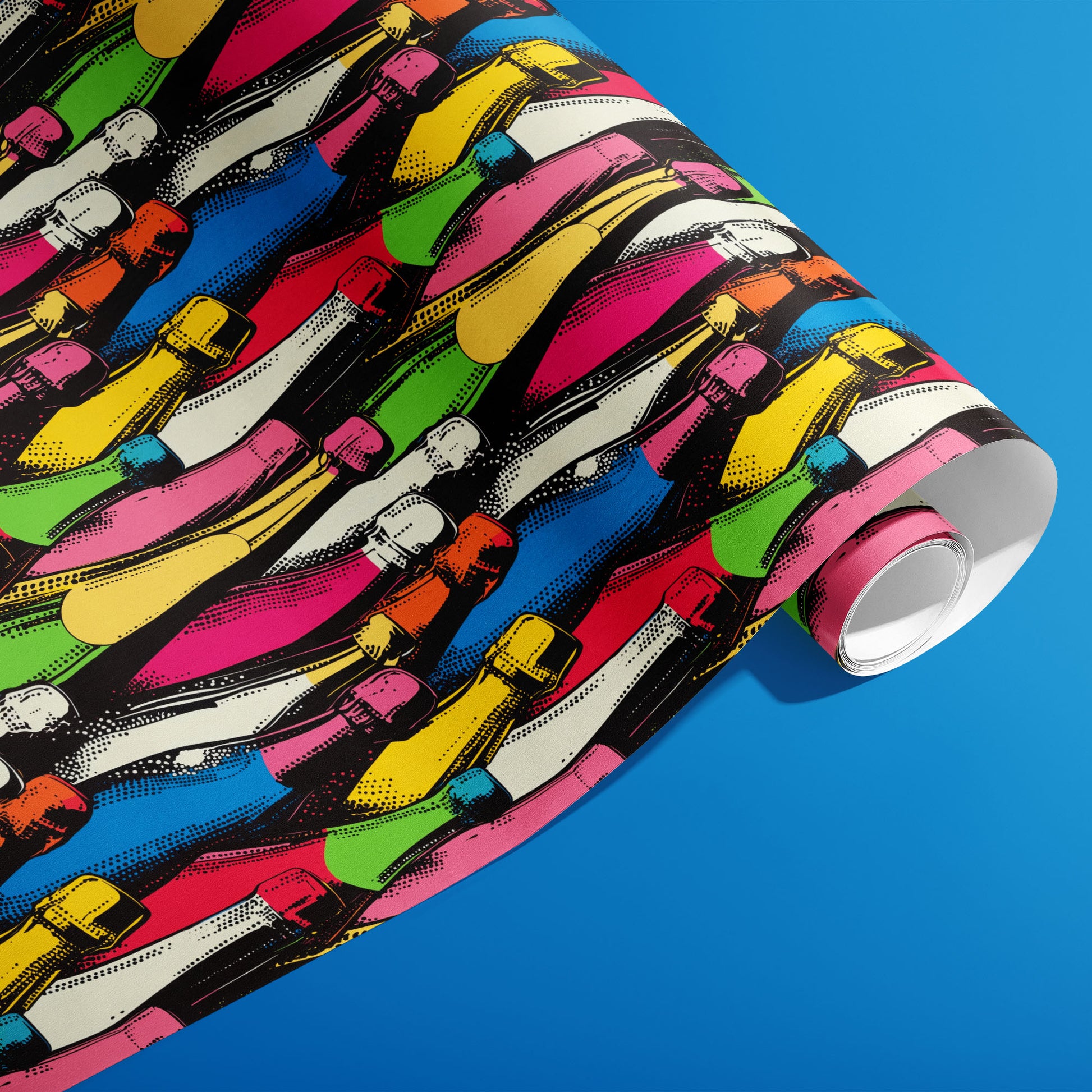 A partially unfurled roll of Bold Bottles shows stacked, brightly colored bottle shapes across a deep charcoal field against a vivid blue backdrop.
