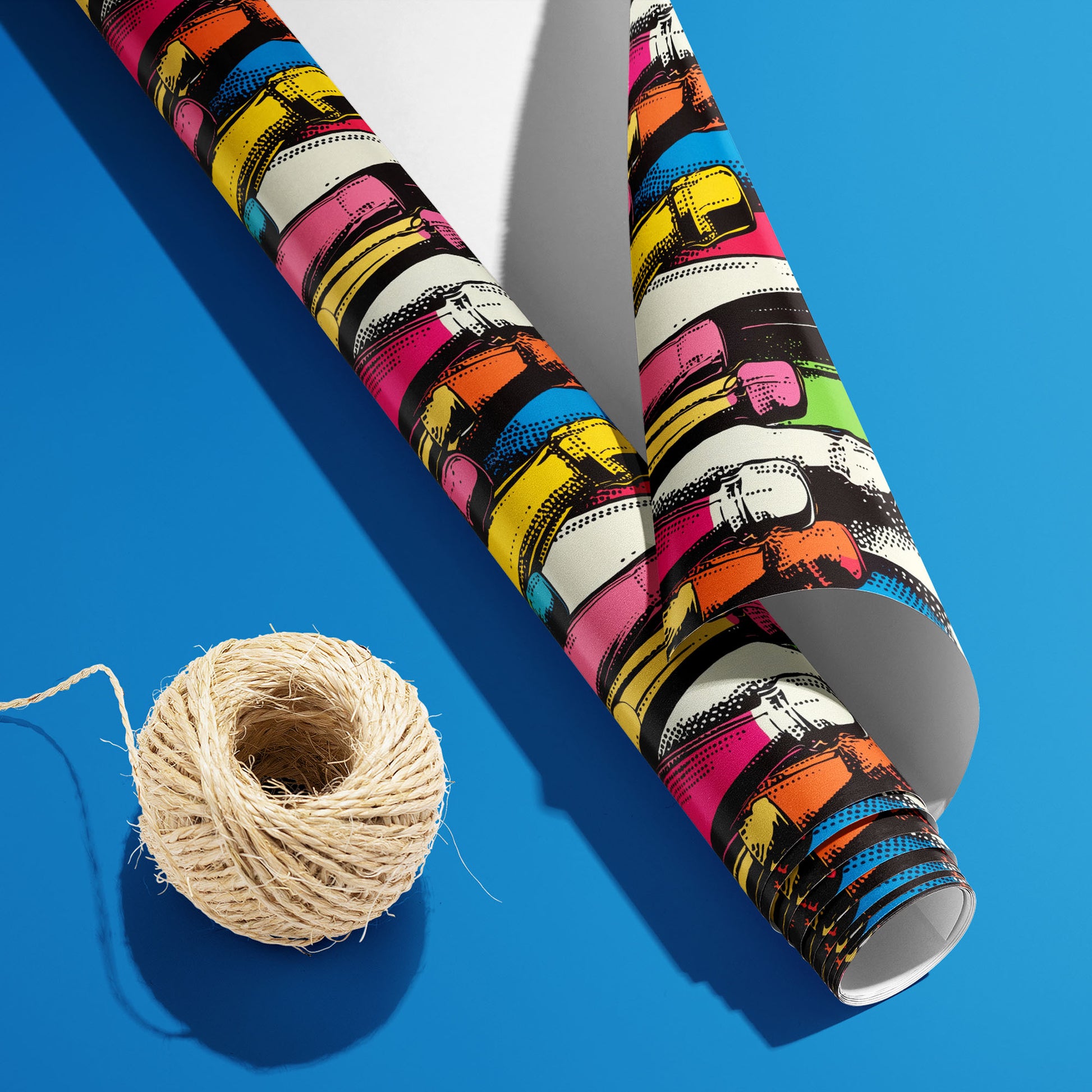 A partially unfurled roll of Bold Bottles with the white underside visible sits beside natural twine on a vivid blue surface, revealing bold bottle silhouettes on charcoal.