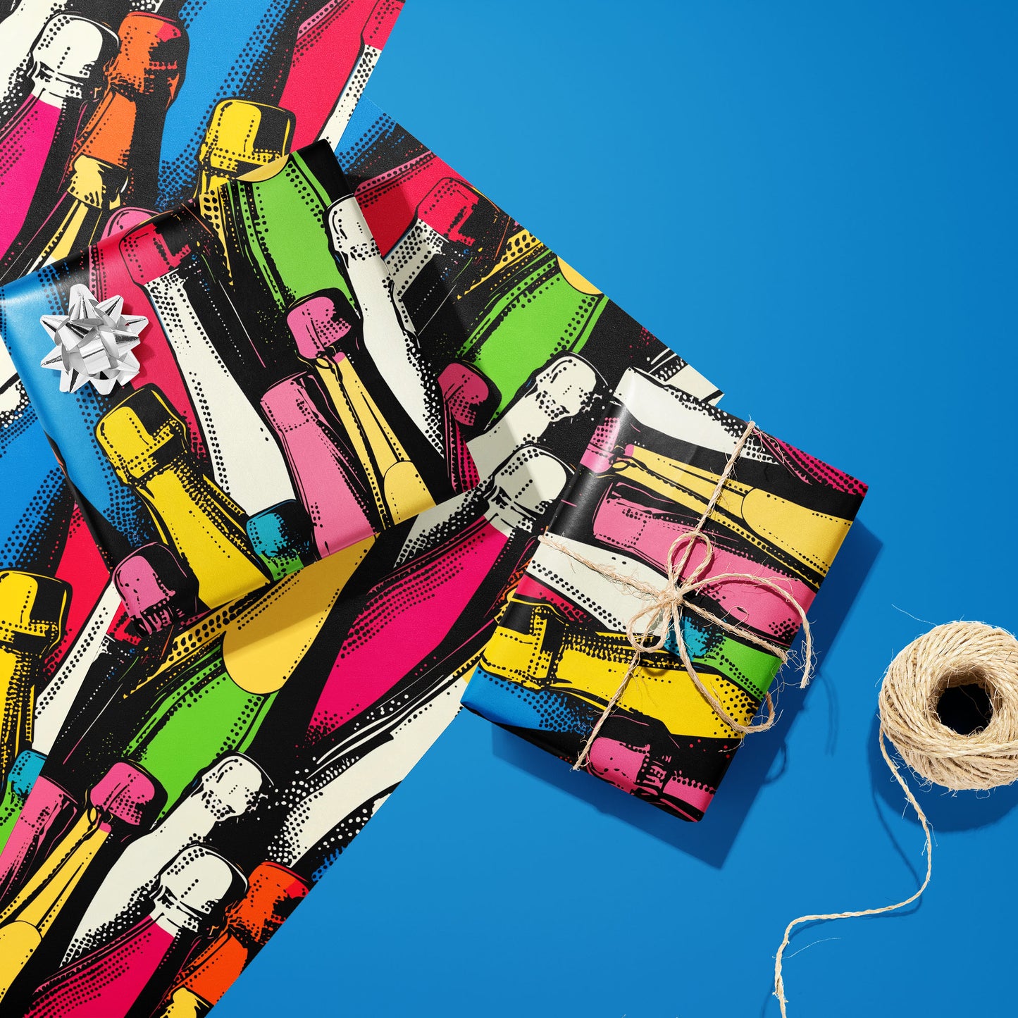 Two gifts in Bold Bottles—one with a silver bow and one tied with twine—rest on two unused sheets with multicolor bottle silhouettes on charcoal beside a twine spool on vivid blue.