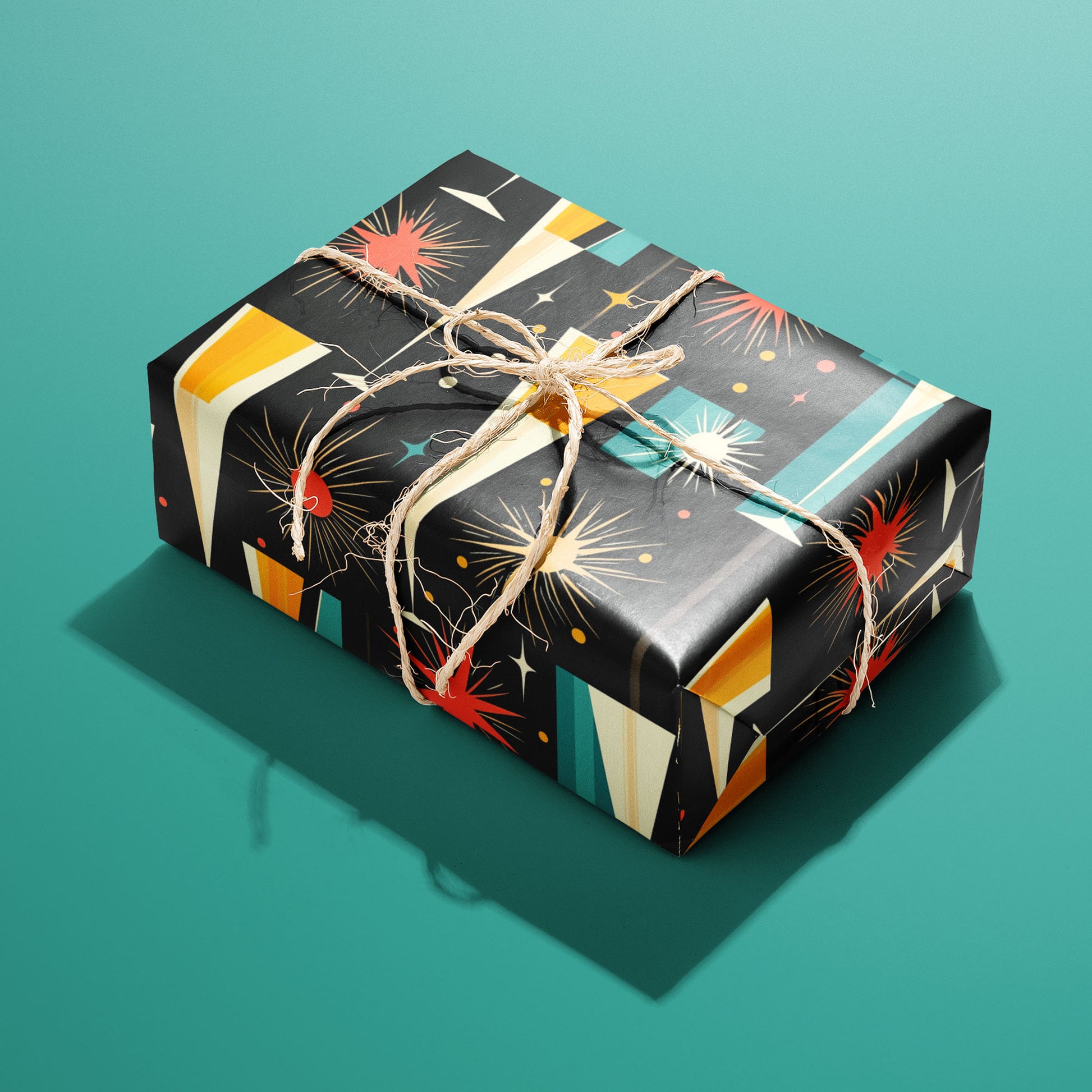 A single gift wrapped in Midcentury Starburst and tied with natural twine, displaying atomic starbursts, champagne flutes, and confetti in red, gold, and teal on black, set on a teal surface.