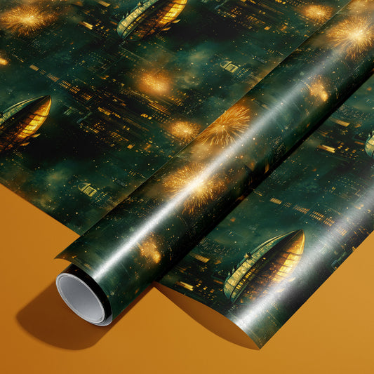 A roll of Steampunk Skies wrapping paper on an unrolled sheet, showing brass-lit airships, a misty night city, and golden fireworks on deep teal, set on a warm amber surface.