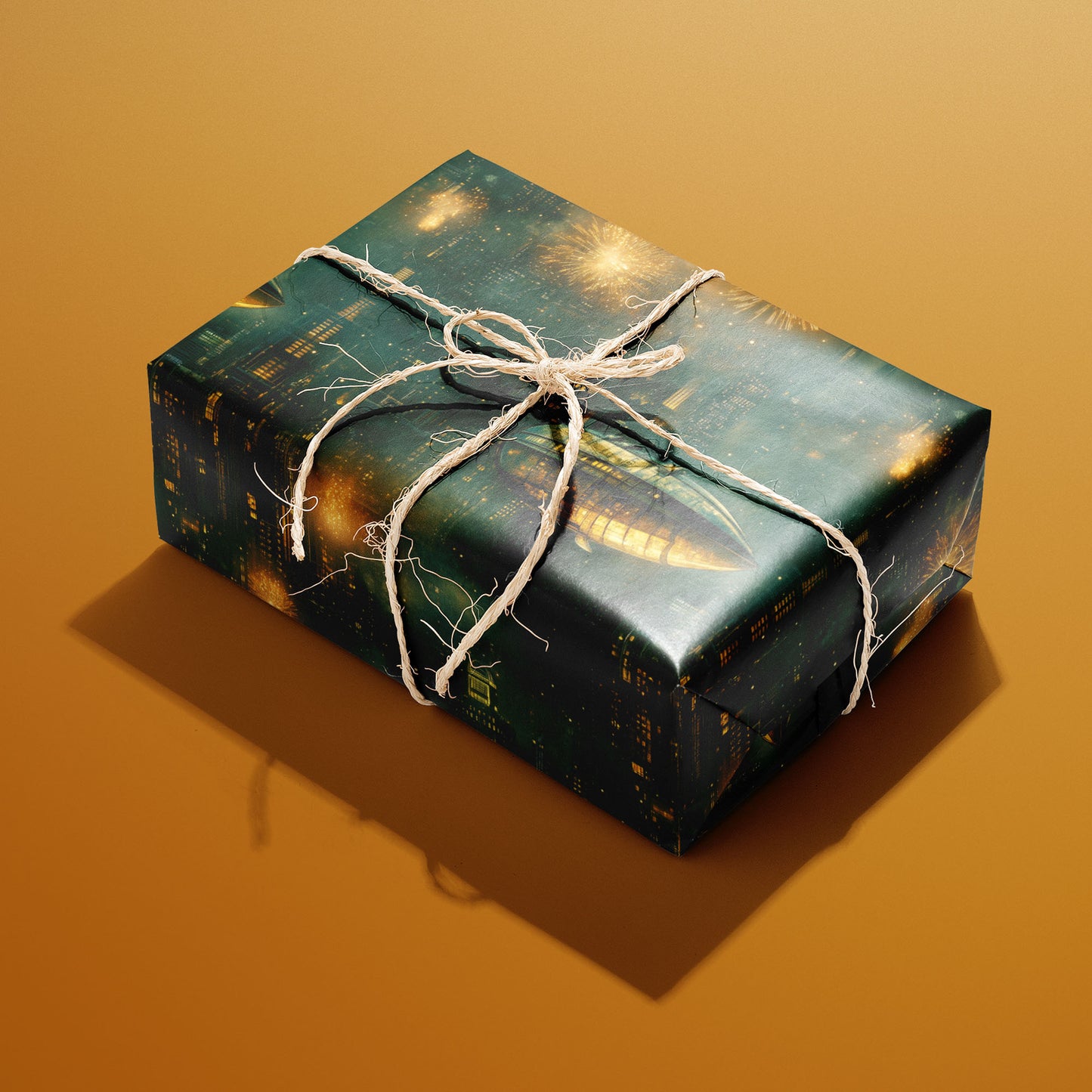 A single gift wrapped in Steampunk Skies and tied with natural twine, displaying brass-lit airships and fireworks over a teal night city, set on a warm amber surface.