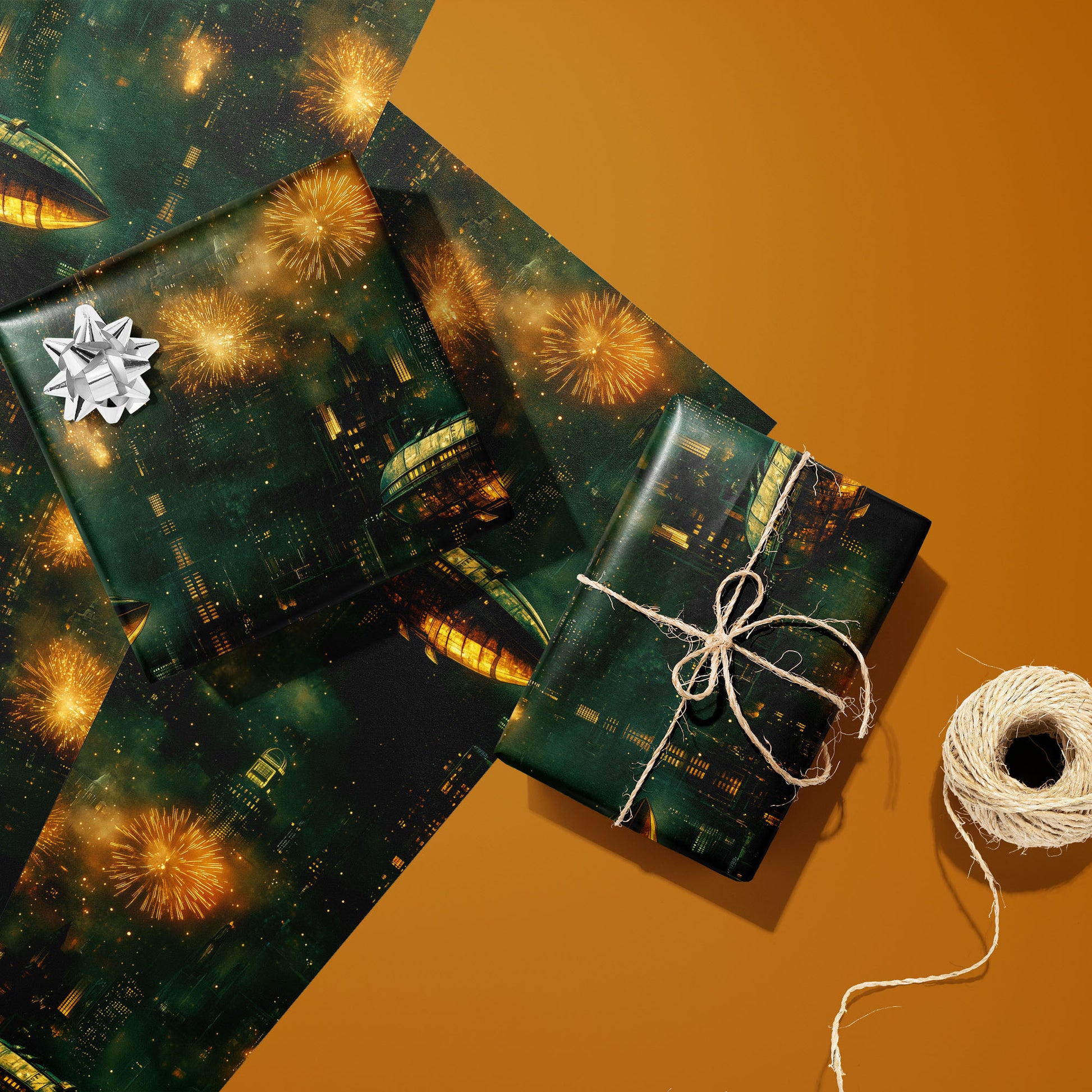Two gifts wrapped in Steampunk Skies—one with a silver bow and one tied with twine—on two unused sheets beside a twine spool on a warm amber surface, with airships and fireworks.