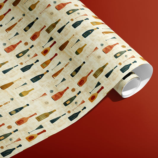 A partially unfurled roll of Vintage Bubbly shows retro champagne bottles and flutes on a textured cream field against a brick-red backdrop.