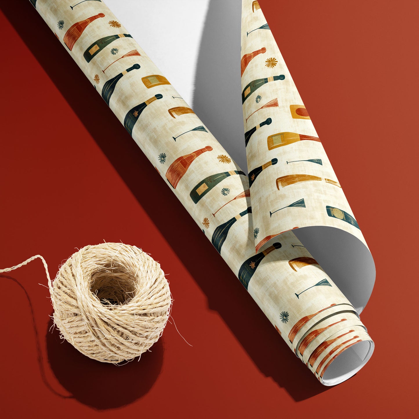 A partially unfurled roll of Vintage Bubbly with the white underside visible sits beside natural twine on a brick-red surface, revealing retro bottles and coupes on cream.