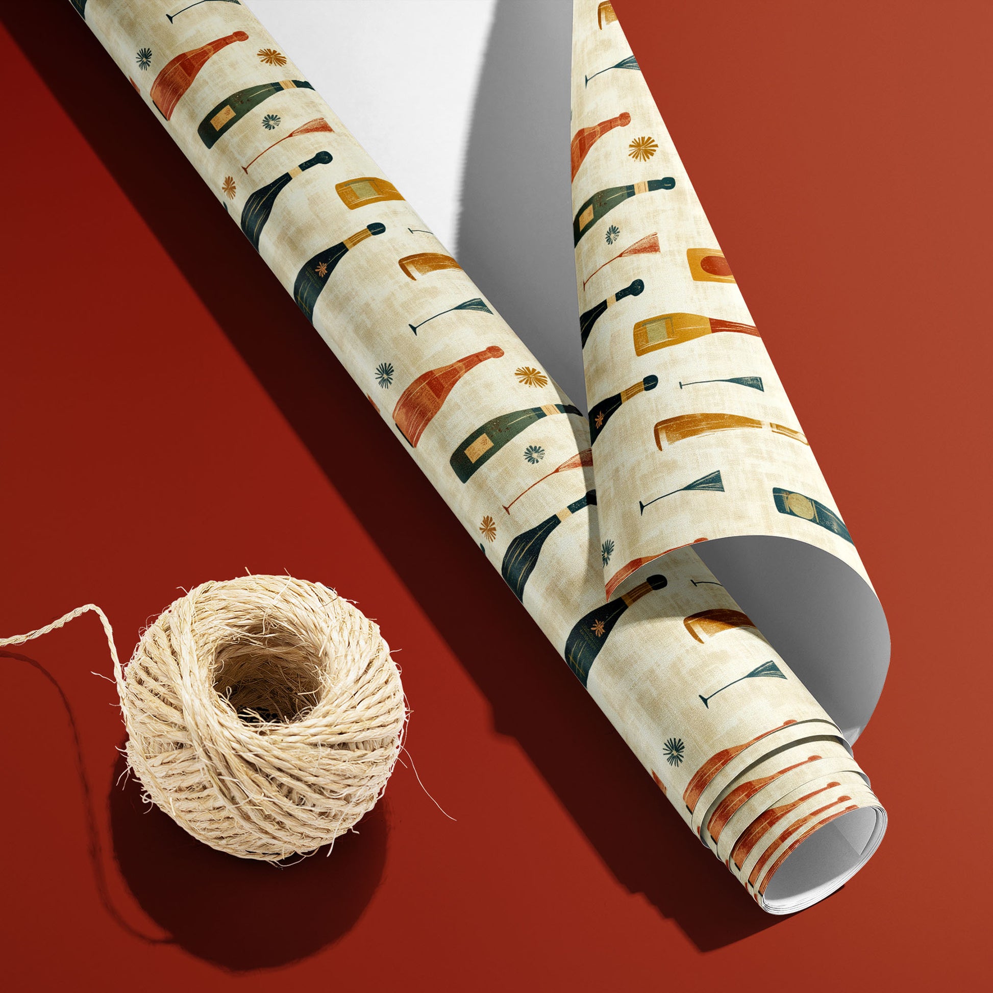 A partially unfurled roll of Vintage Bubbly with the white underside visible sits beside natural twine on a brick-red surface, revealing retro bottles and coupes on cream.