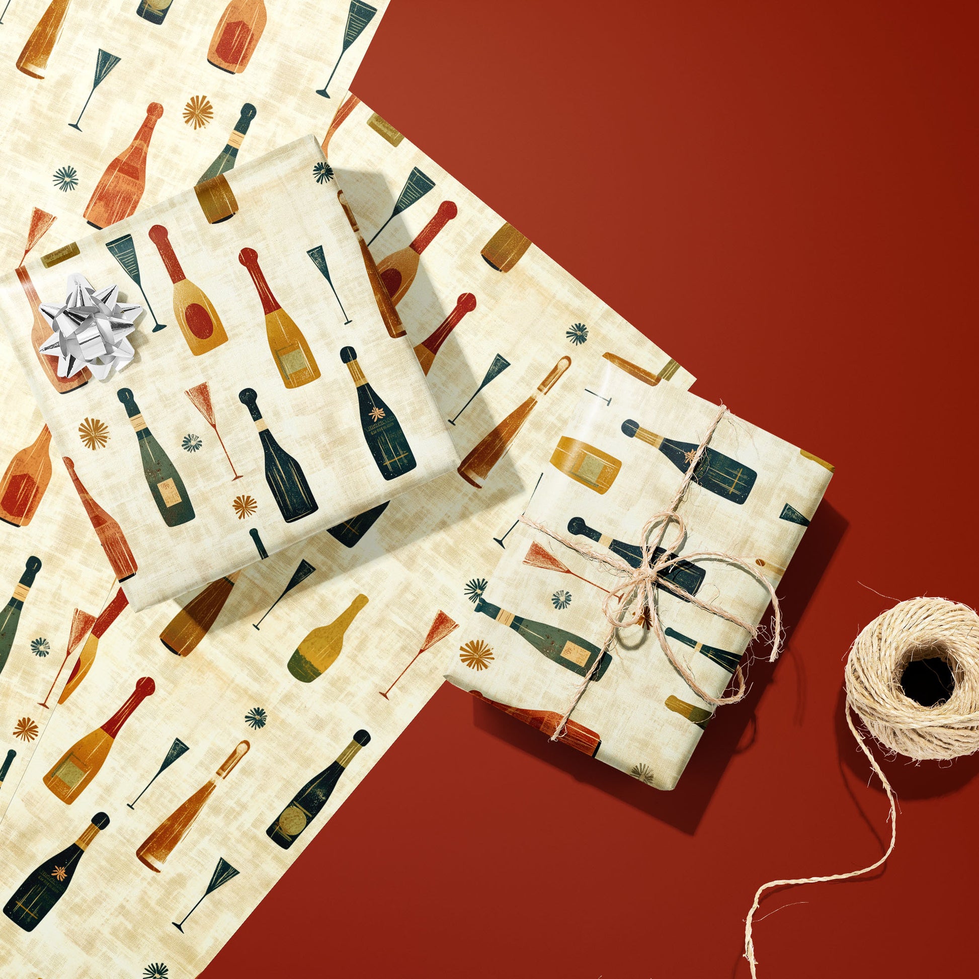 Two gifts in Vintage Bubbly—one silver-bowed and one tied with twine—rest on two unused sheets with retro champagne bottles on cream beside twine on a brick-red surface.