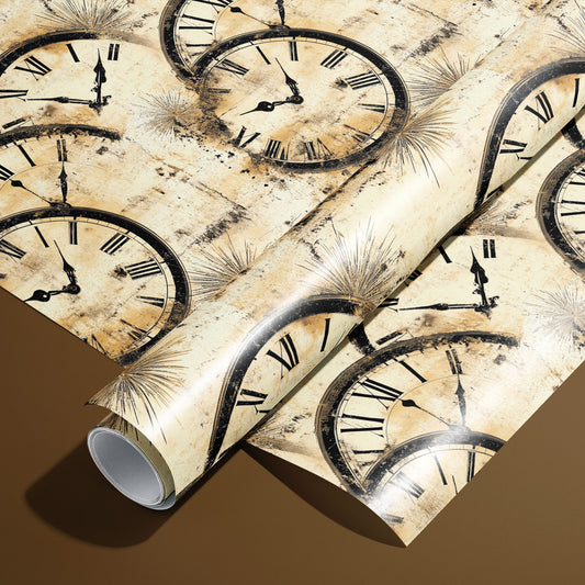 A roll of Golden Hour paper on a matching unrolled sheet shows vintage clock faces with Roman numerals and burst motifs on distressed gold-cream, set on a warm brown background.