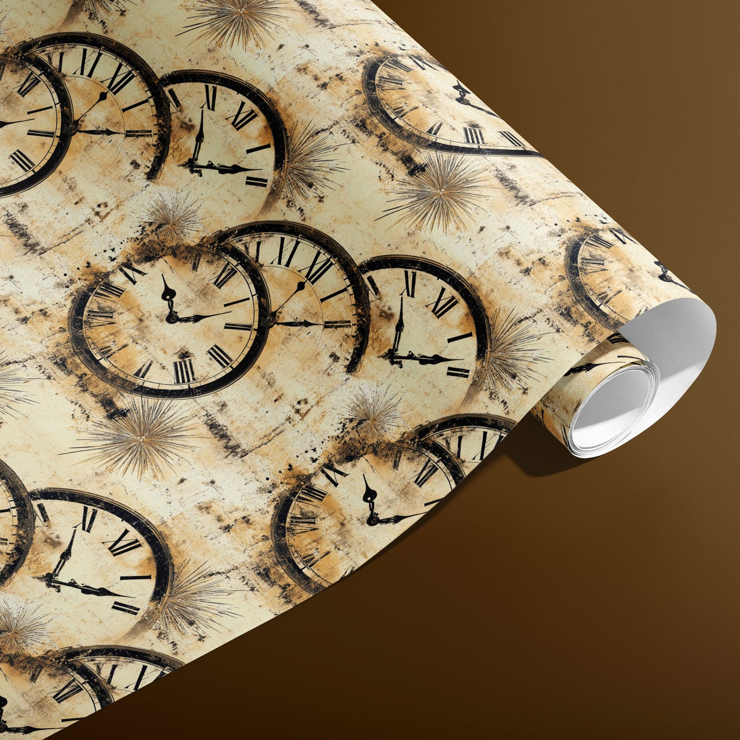 A partially unfurled roll of Golden Hour wrapping paper reveals antique clock dials with starburst accents on distressed gold-cream over a warm brown background.