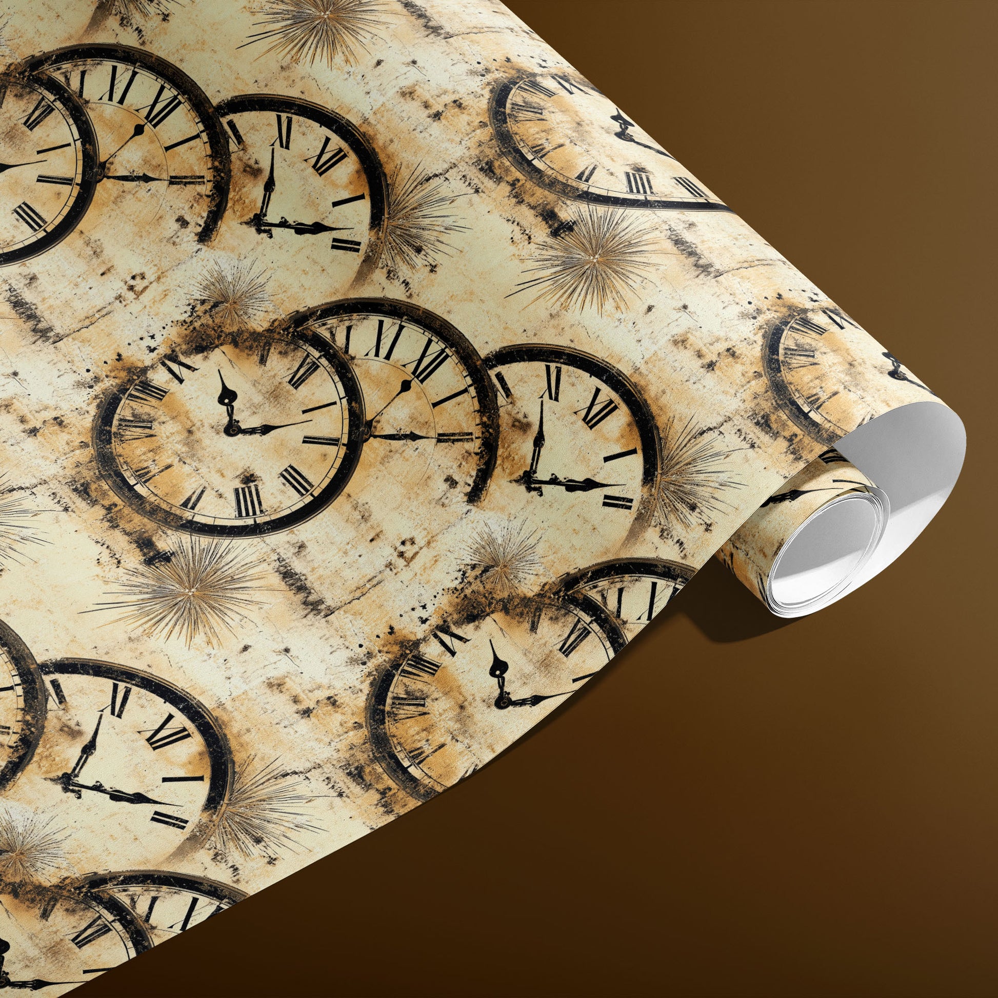 A partially unfurled roll of Golden Hour wrapping paper reveals antique clock dials with starburst accents on distressed gold-cream over a warm brown background.