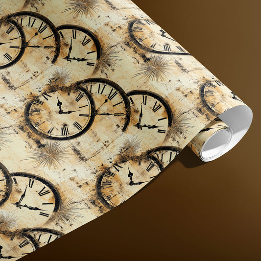 A partially unfurled roll of Golden Hour wrapping paper reveals antique clock dials with starburst accents on distressed gold-cream over a warm brown background.