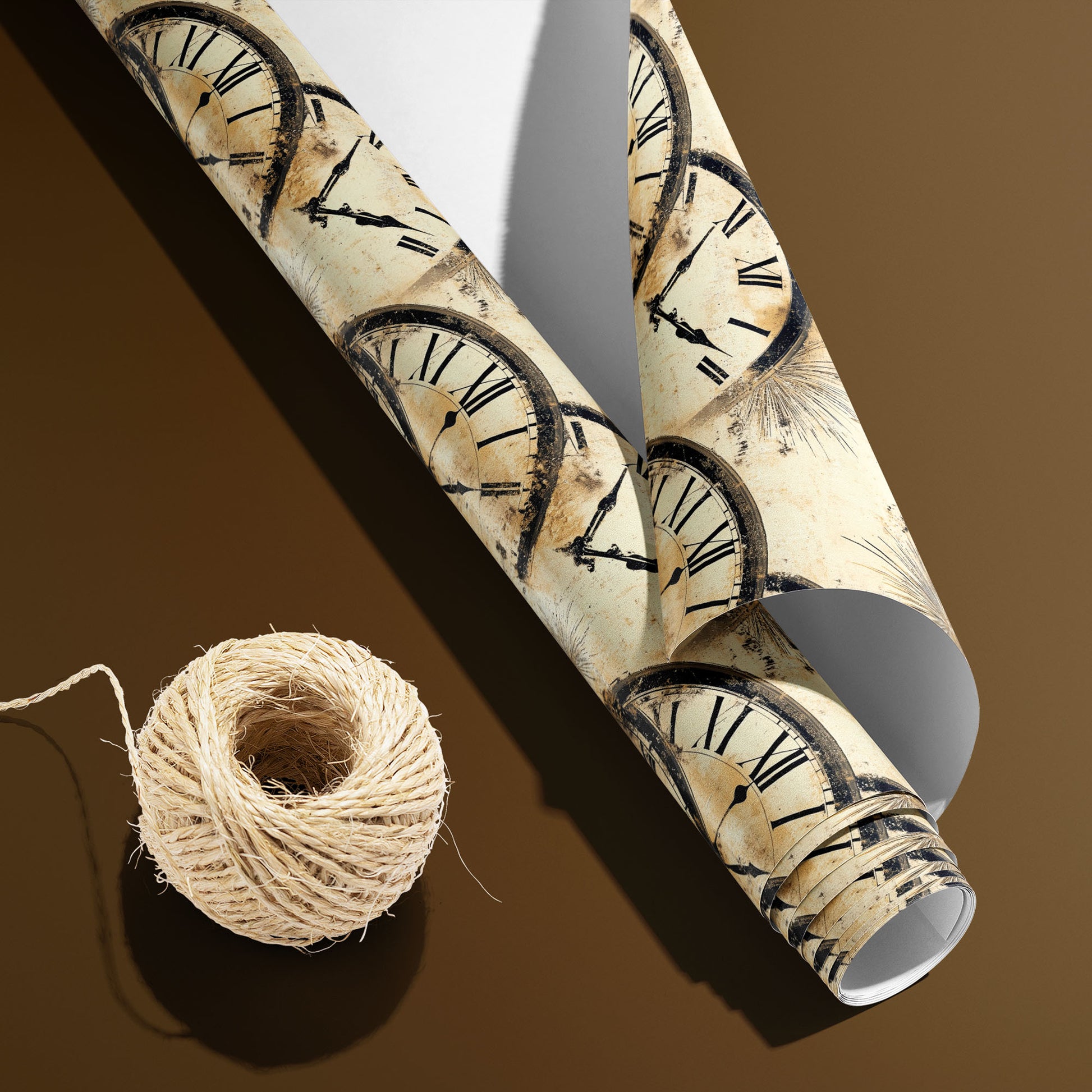A partially unfurled Golden Hour roll with the white underside beside a spool of natural twine displays vintage clock faces and starbursts on distressed gold-cream over a warm brown background.
