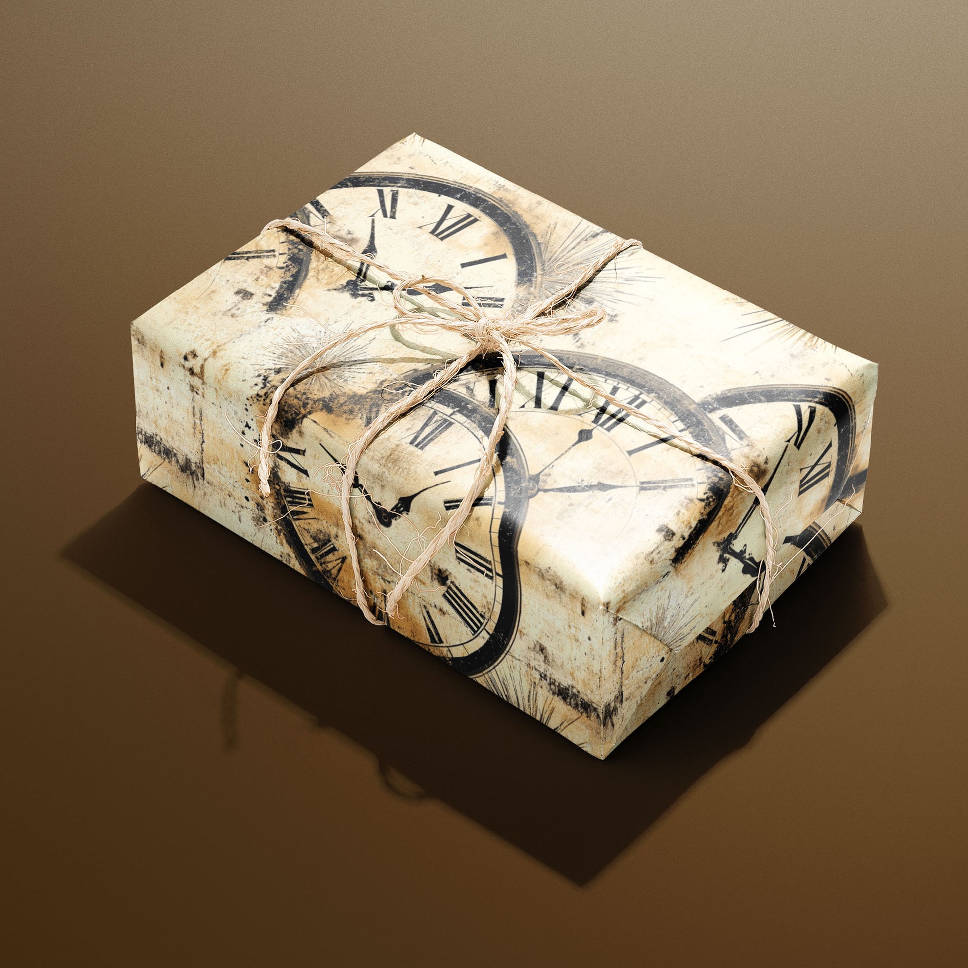 A rectangular gift wrapped in Golden Hour paper and tied with natural twine shows antique clock faces and starburst details on distressed gold-cream against a warm brown background.