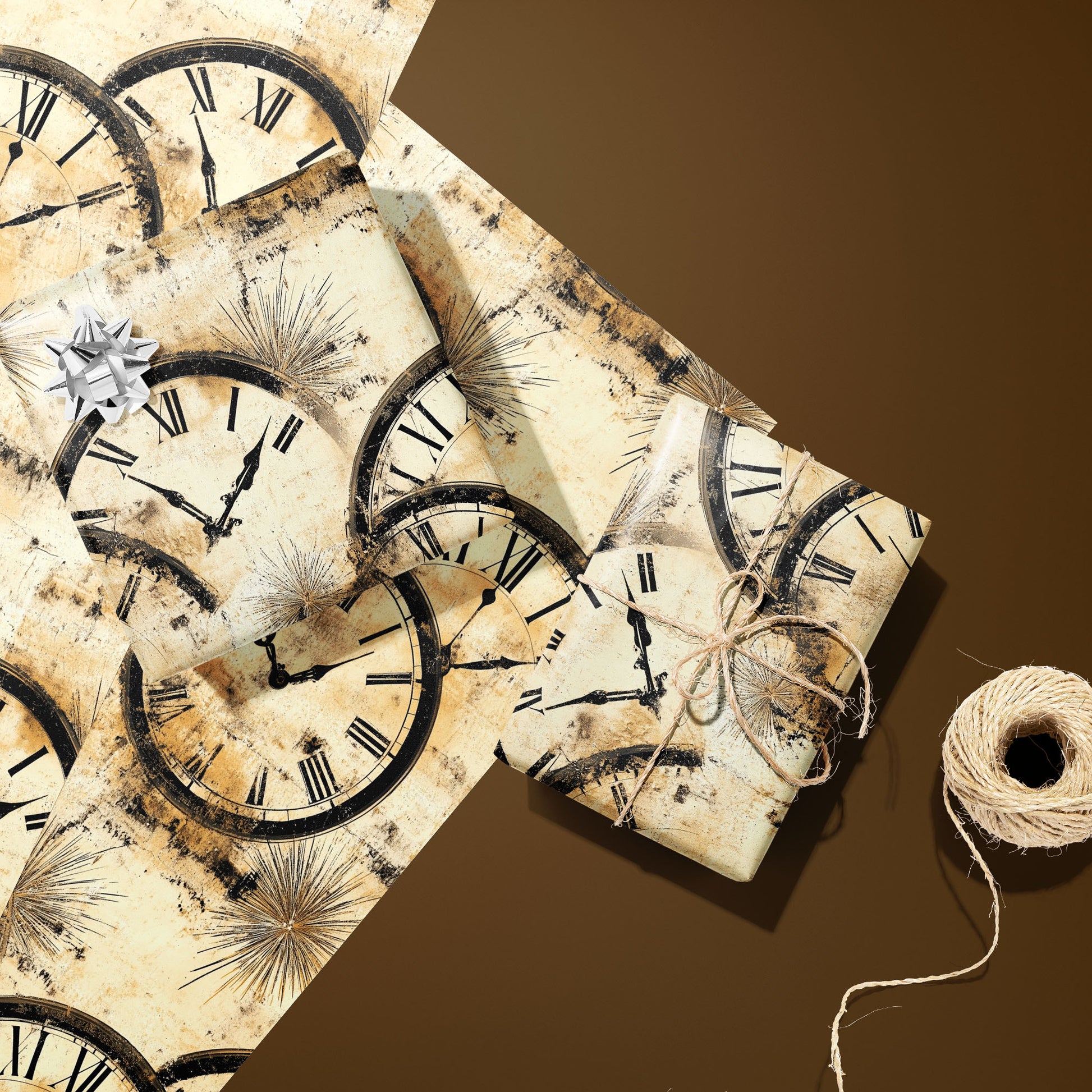Two gifts in Golden Hour paper—one with a silver bow and one tied with twine—rest on unused sheets with vintage clock faces and starbursts beside a twine spool on a warm brown background.