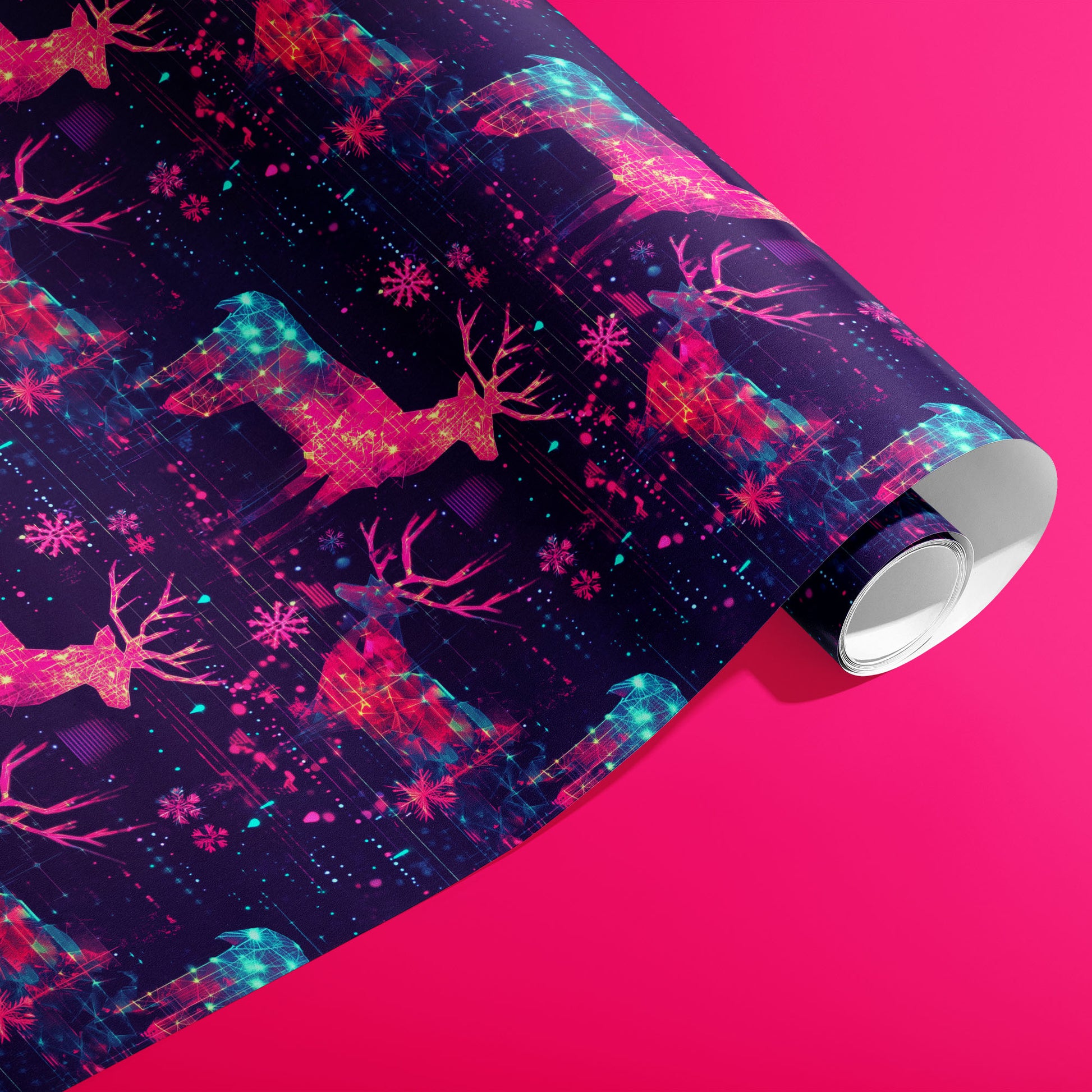 A partially unfurled roll of Holographic Holiday displays holographic reindeer silhouettes and digital snowflakes on a dark navy ground against a hot pink background.