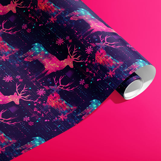 A partially unfurled roll of Holographic Holiday displays holographic reindeer silhouettes and digital snowflakes on a dark navy ground against a hot pink background.
