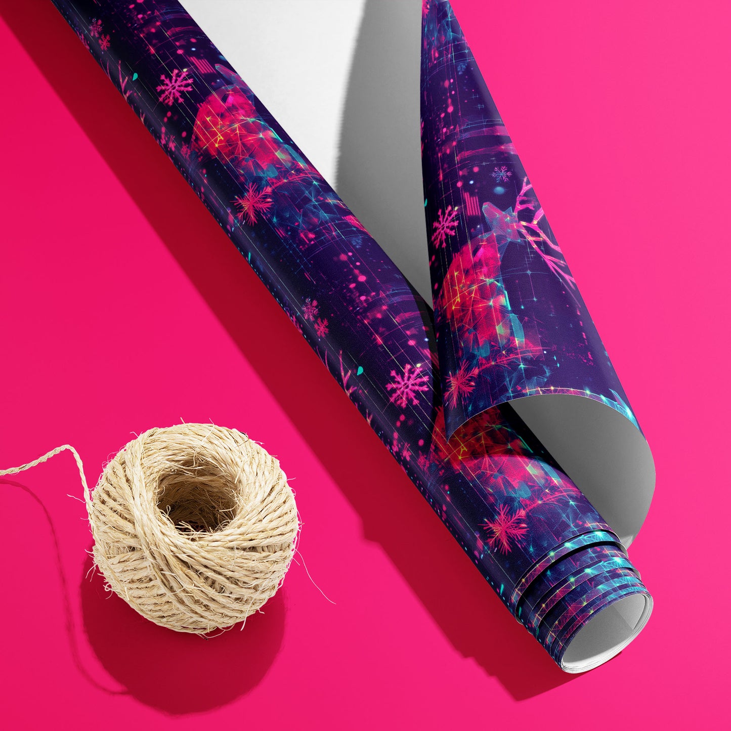 A partially unfurled roll of Holographic Holiday, white underside visible beside a spool of natural twine, shows neon reindeer and glitchy snowflakes on dark navy over hot pink.