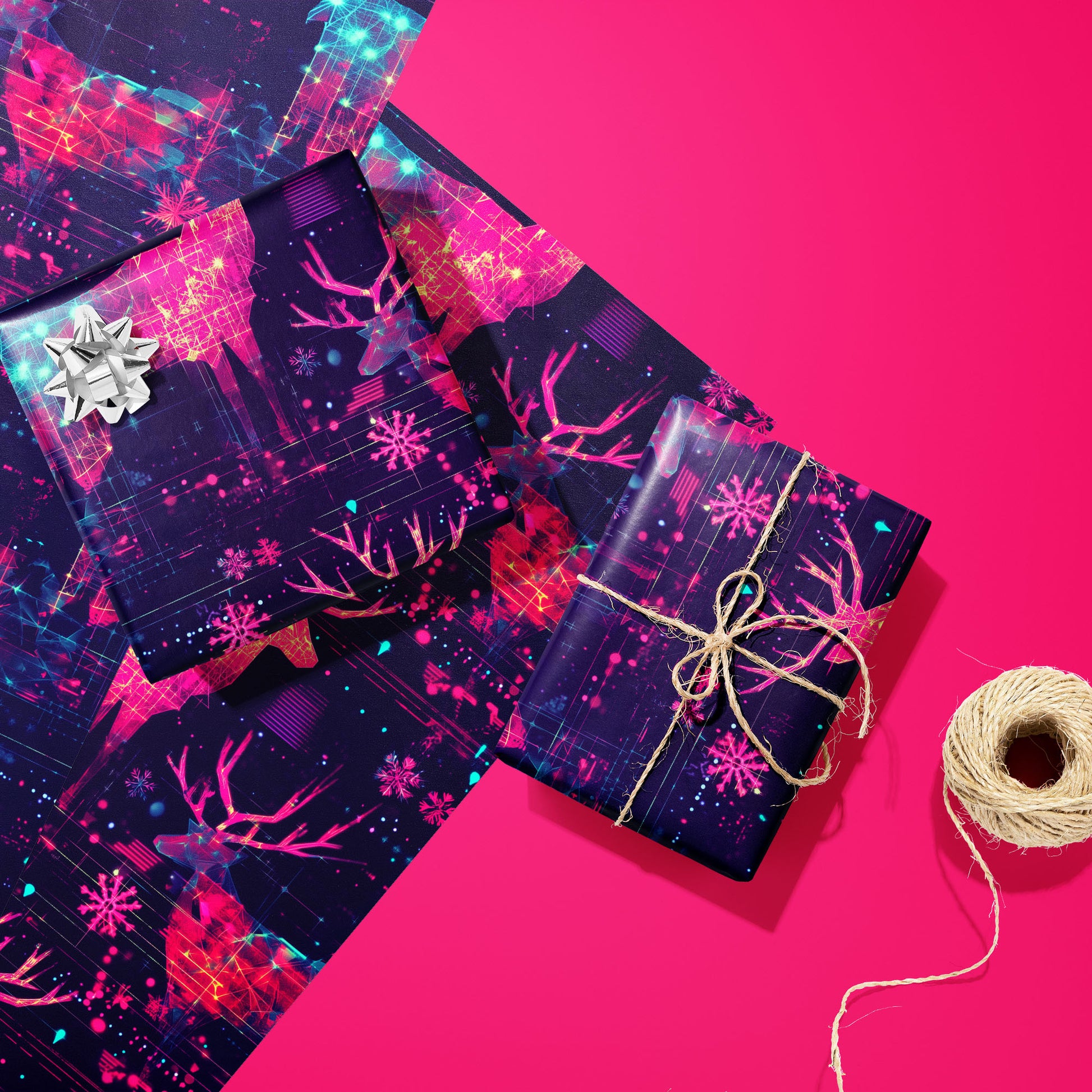 Two Holographic Holiday gifts—one with a silver bow and one tied with twine—rest on two unused sheets beside a twine spool on a hot pink surface, showing neon reindeer and snowflakes.