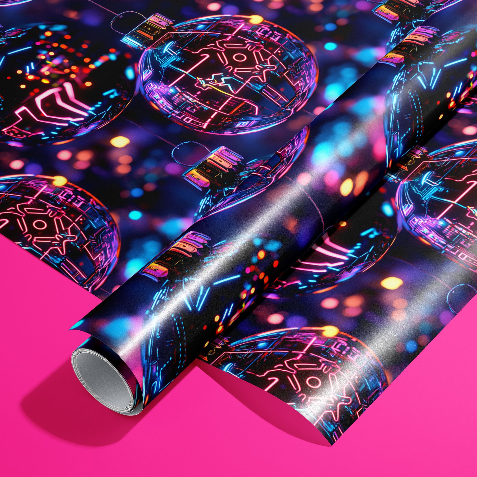 A roll of Chrome City Christmas rests on an unrolled sheet, showing chrome baubles with neon circuit lines and city lights on deep navy, styled on a hot pink surface.