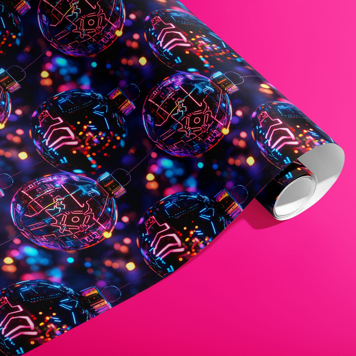 A partially unfurled roll of Chrome City Christmas gift wrap displays futuristic chrome ornaments with glowing circuitry and bokeh lights against a hot pink background.