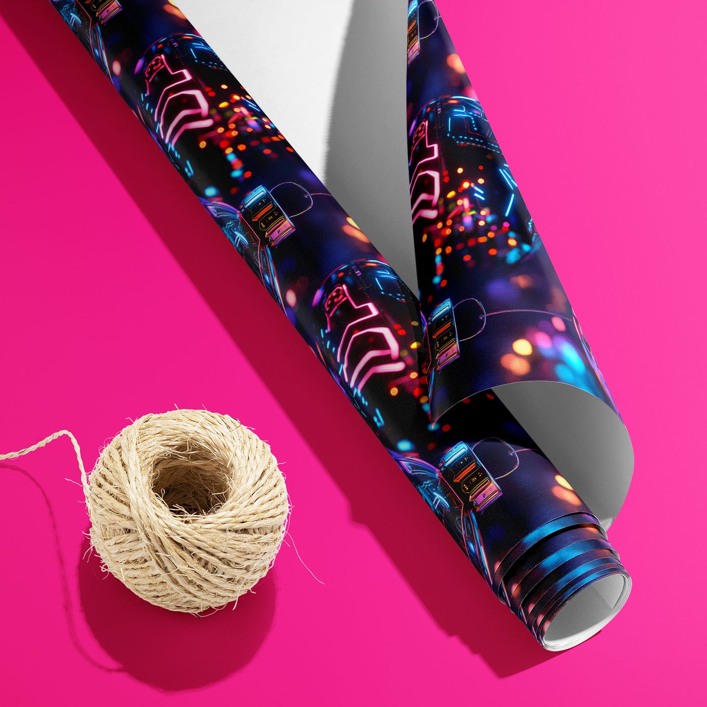 A partially unfurled roll of Chrome City Christmas, white underside visible beside a spool of natural twine, shows neon circuit baubles and city lights on hot pink.