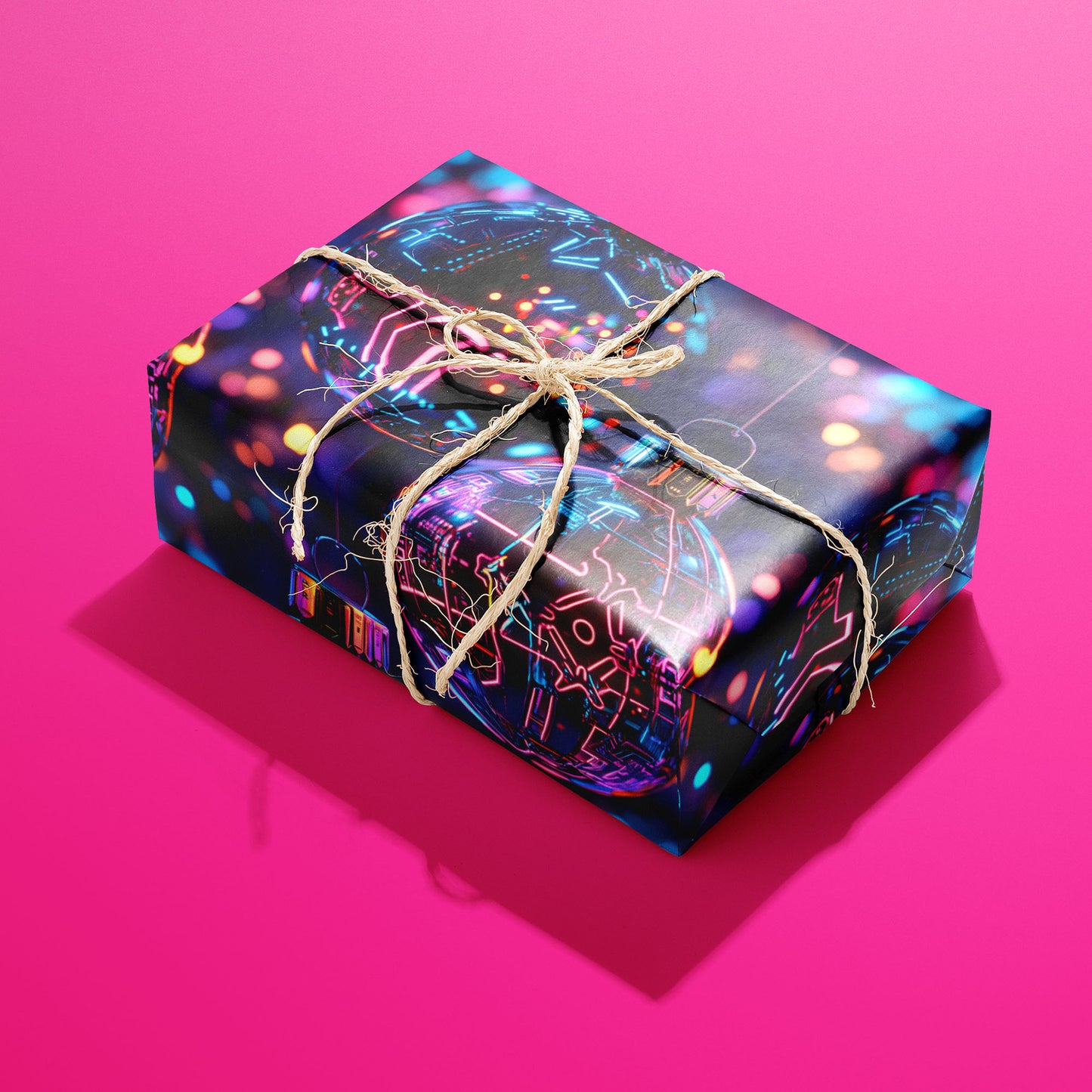 A single rectangular gift wrapped in Chrome City Christmas and tied with natural twine highlights chrome ornaments traced with neon circuitry on a deep navy ground against hot pink.