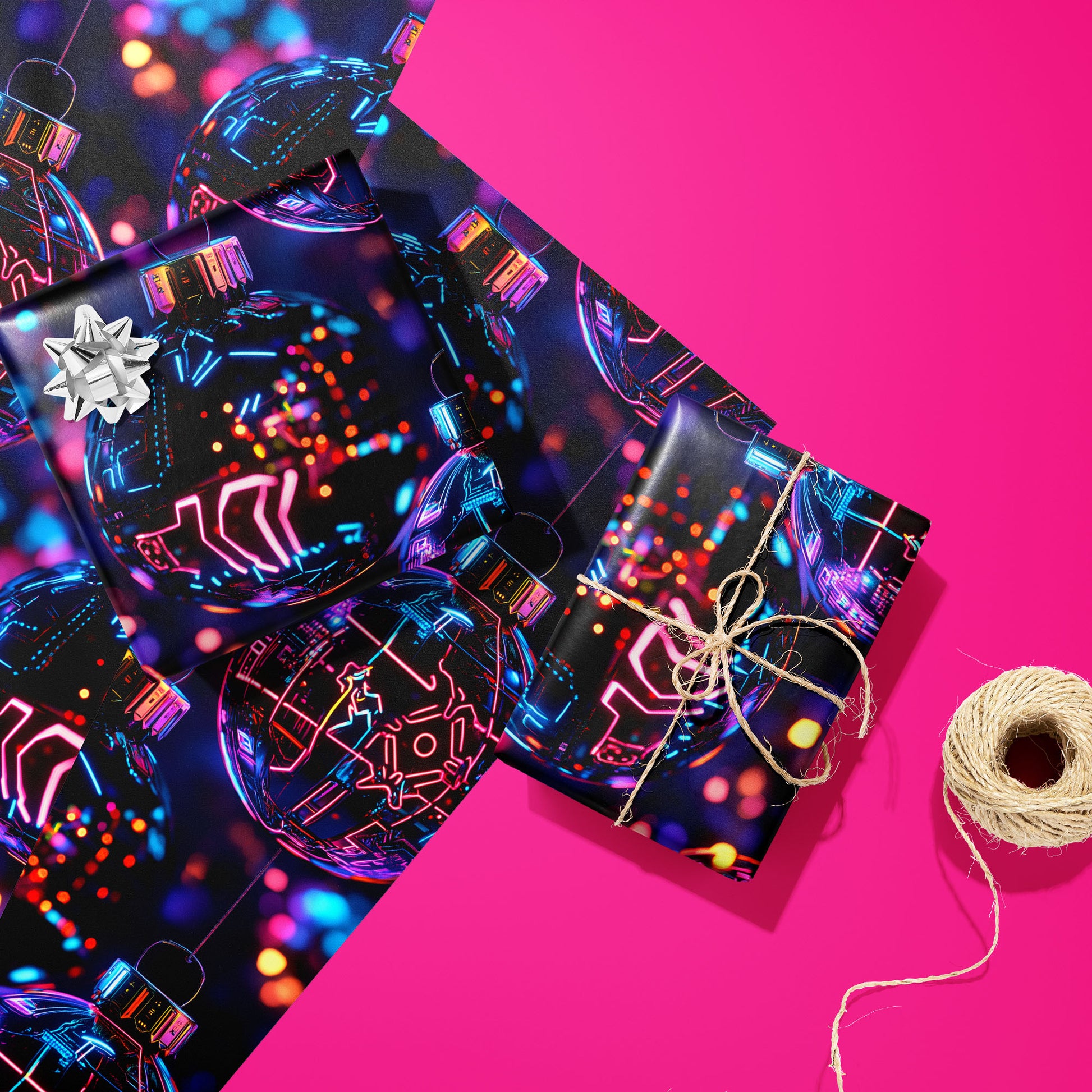 Two Chrome City Christmas gifts—one with a silver bow and one tied with twine—rest on two unused sheets beside a twine spool on hot pink, showing neon circuit baubles and city lights.